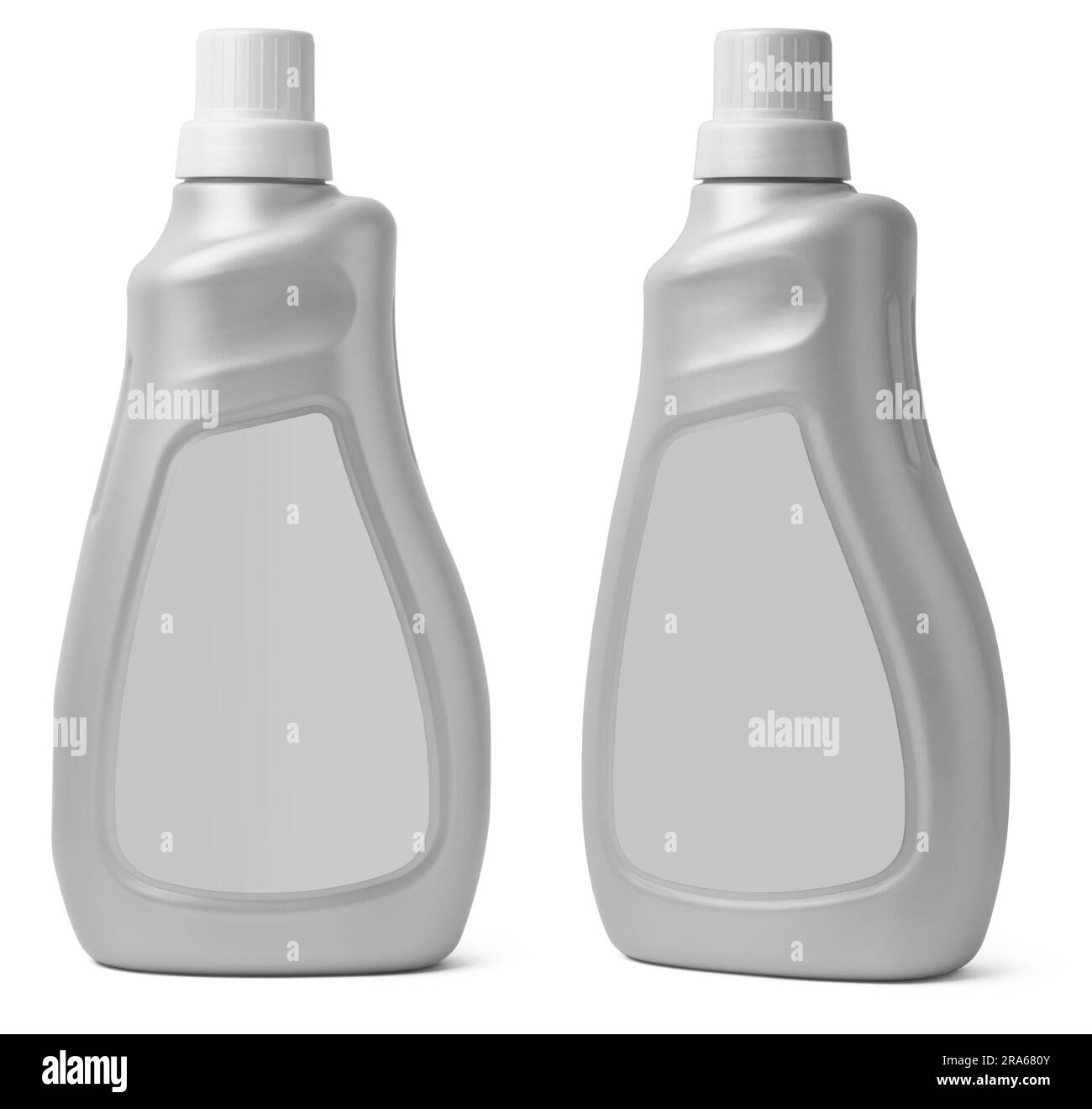 Haushaltsflaschen aus chemischem Kunststoff mit leerem Etikett isoliert auf weißem Hintergrund, Flüssigreiniger oder -Seife, Bad- oder Toilettenreiniger, Wäschebleichmittel Stockfoto