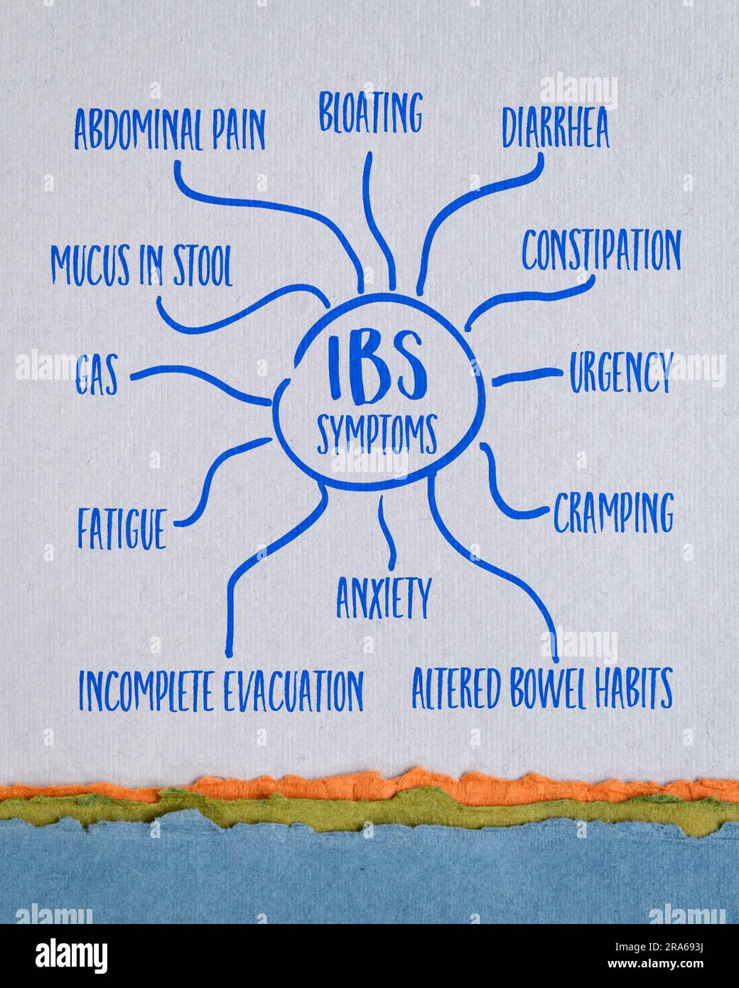 IBS-Reizdarmsyndrom-Symptome - Infografiken oder Mindmap-Skizze auf Kunstpapier, Verdauungstrakt und Darmgesundheitskonzept Stockfoto