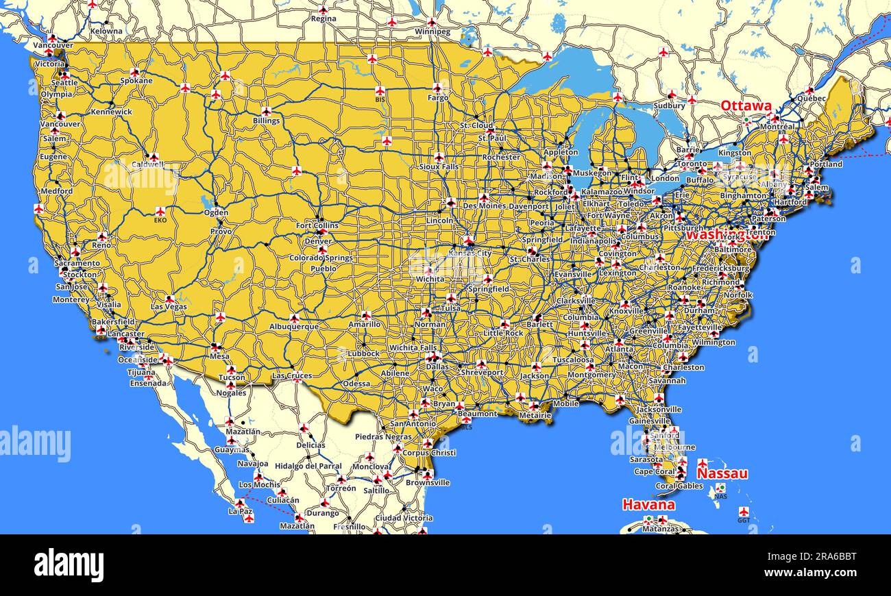 Sehr detaillierte Karte der Vereinigten Staaten von Amerika mit den wichtigsten Straßen und Autobahnen, die das ganze Land durchqueren Stockfoto