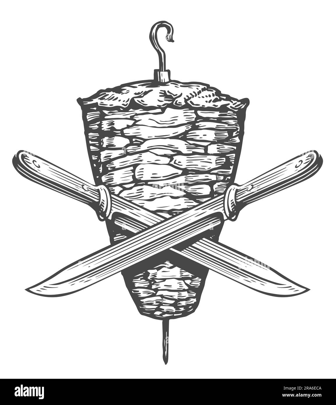 Grillgerichte, Fleisch kochen. Kebab auf Spucke. Schawarma oder Kreisel und Messer. Skizzenabbildung Stockfoto