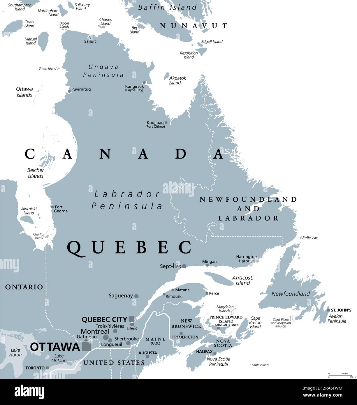 Quebec, größte Provinz im Osten Kanadas, graue politische Karte. Größte Provinz in Zentralkanada mit Hauptstadt Quebec City. Stockfoto
