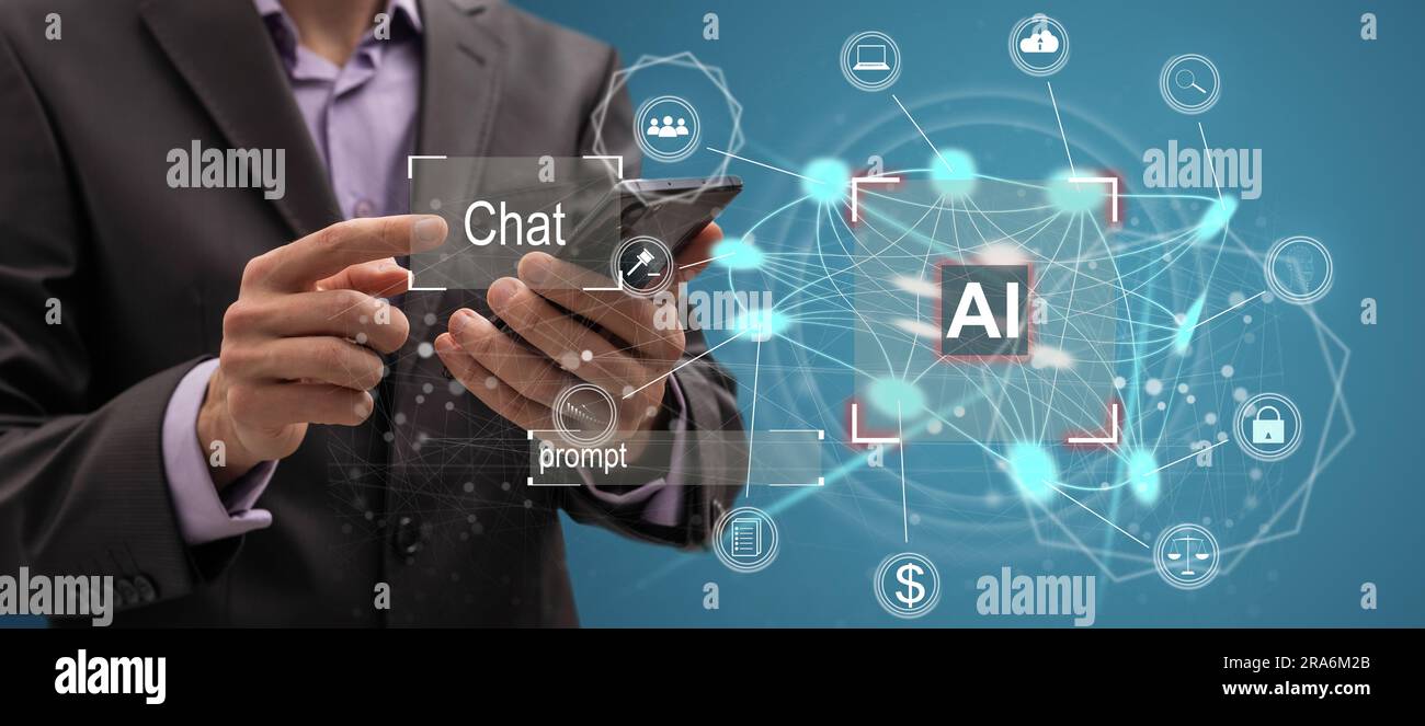 Künstler mit Hand-KI und künstlicher Intelligenz, um Inhalte zu generieren. Text-zu-Bild, Sprache, Smart AI, by ENTER Eingabeaufforderung für generiert Stockfoto