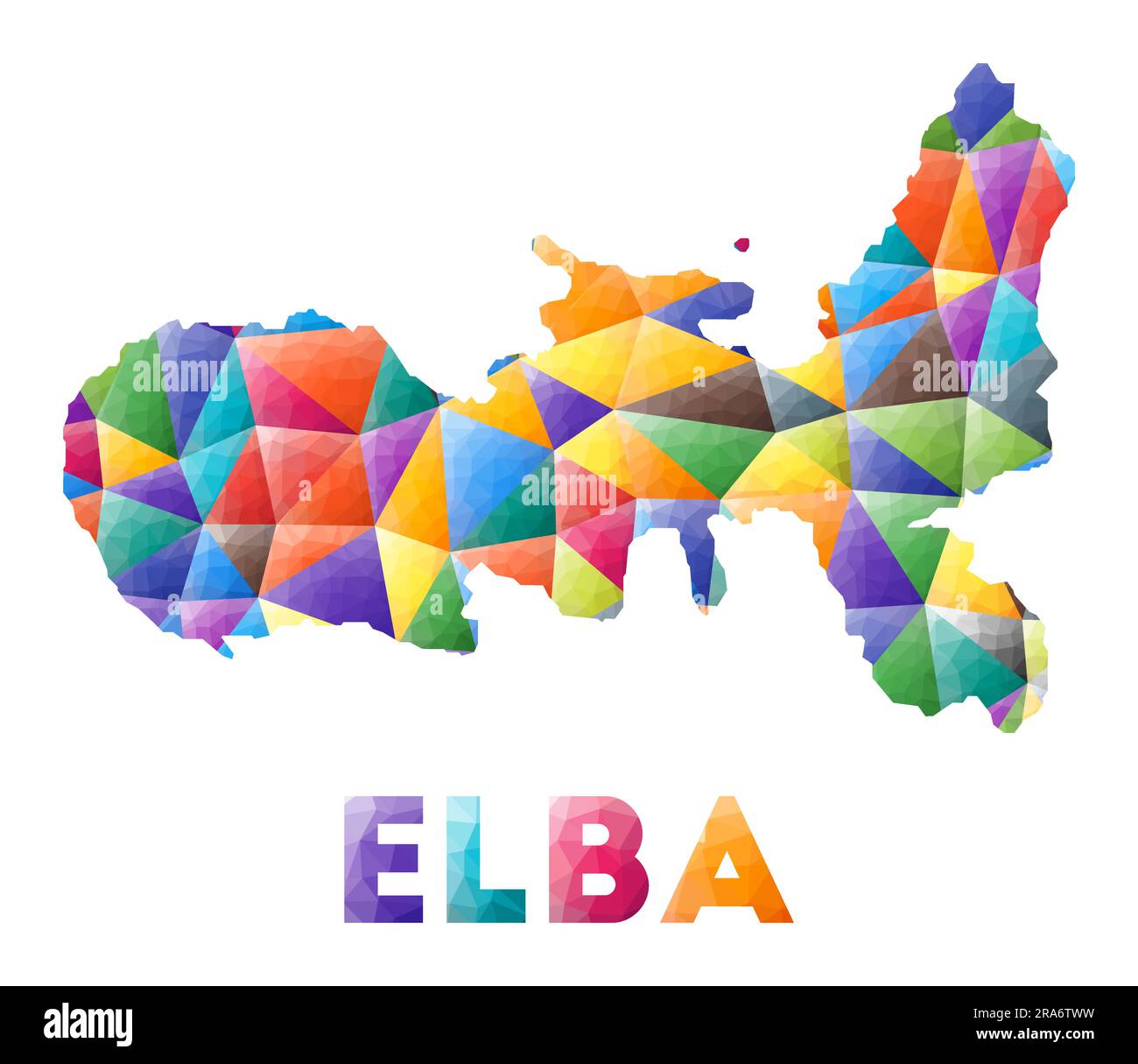Elba – farbenfrohe niedrige Poly-Insel-Form. Mehrfarbige geometrische Dreiecke. Modernes, trendiges Design. Vektordarstellung. Stock Vektor