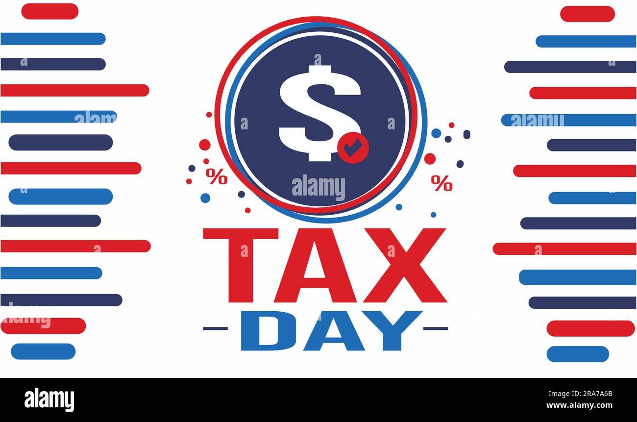 Steuertag mit US-Flagge und patriotischem Design. Einkommensteuer- und Einkommensteuerkonzeptionshintergrund mit bunten Schriften und Formen Stock Vektor