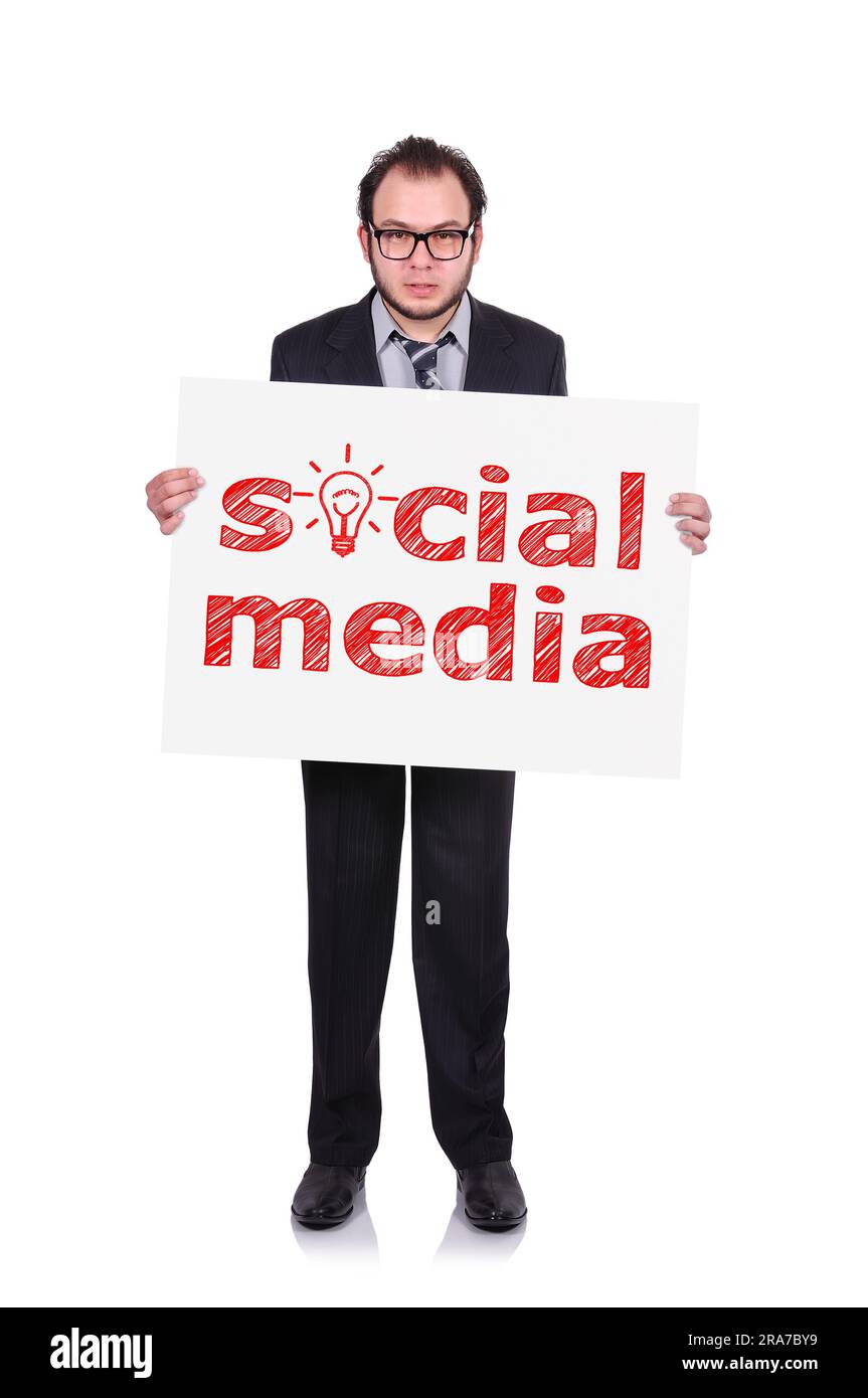 Geschäftsmann mit Poster und Zeichnen sozialer Medien Stockfoto