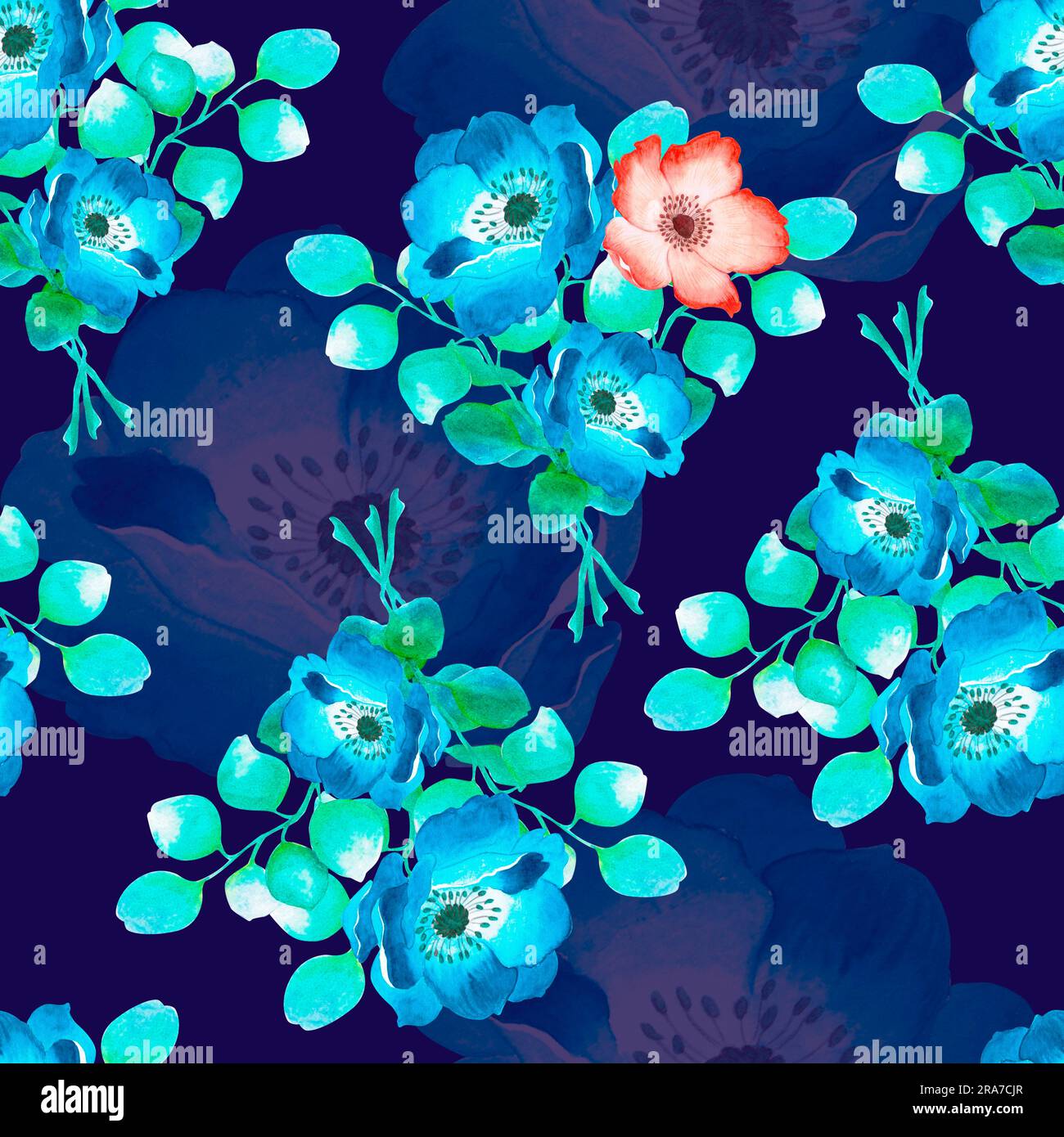 Nahtloses, wasserfarbenes Blumenmuster auf dunkelblauem Hintergrund. Anzüge wie Druck auf Textilien, Kleidung, Papier Stockfoto