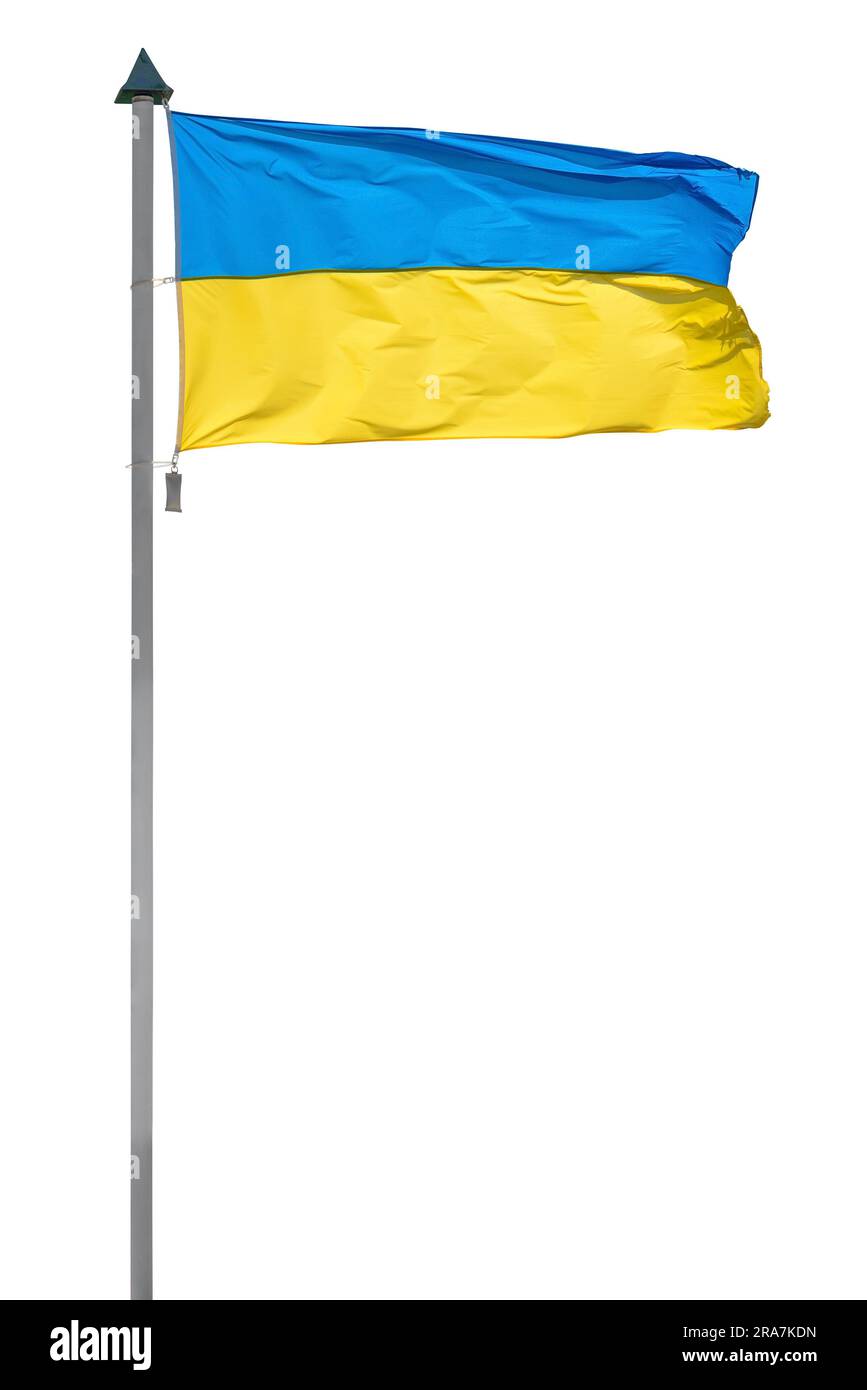 Ukrainische Flagge auf einem Stab, isoliert auf weißem Hintergrund mit Schnittpfad Stockfoto