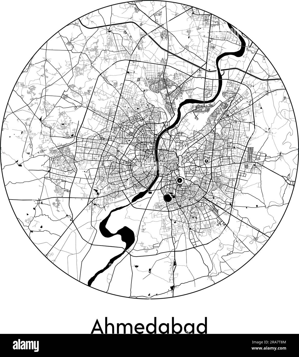 Stadtplan Ahmedabad India Asia Vector Illustration schwarz weiß Stock