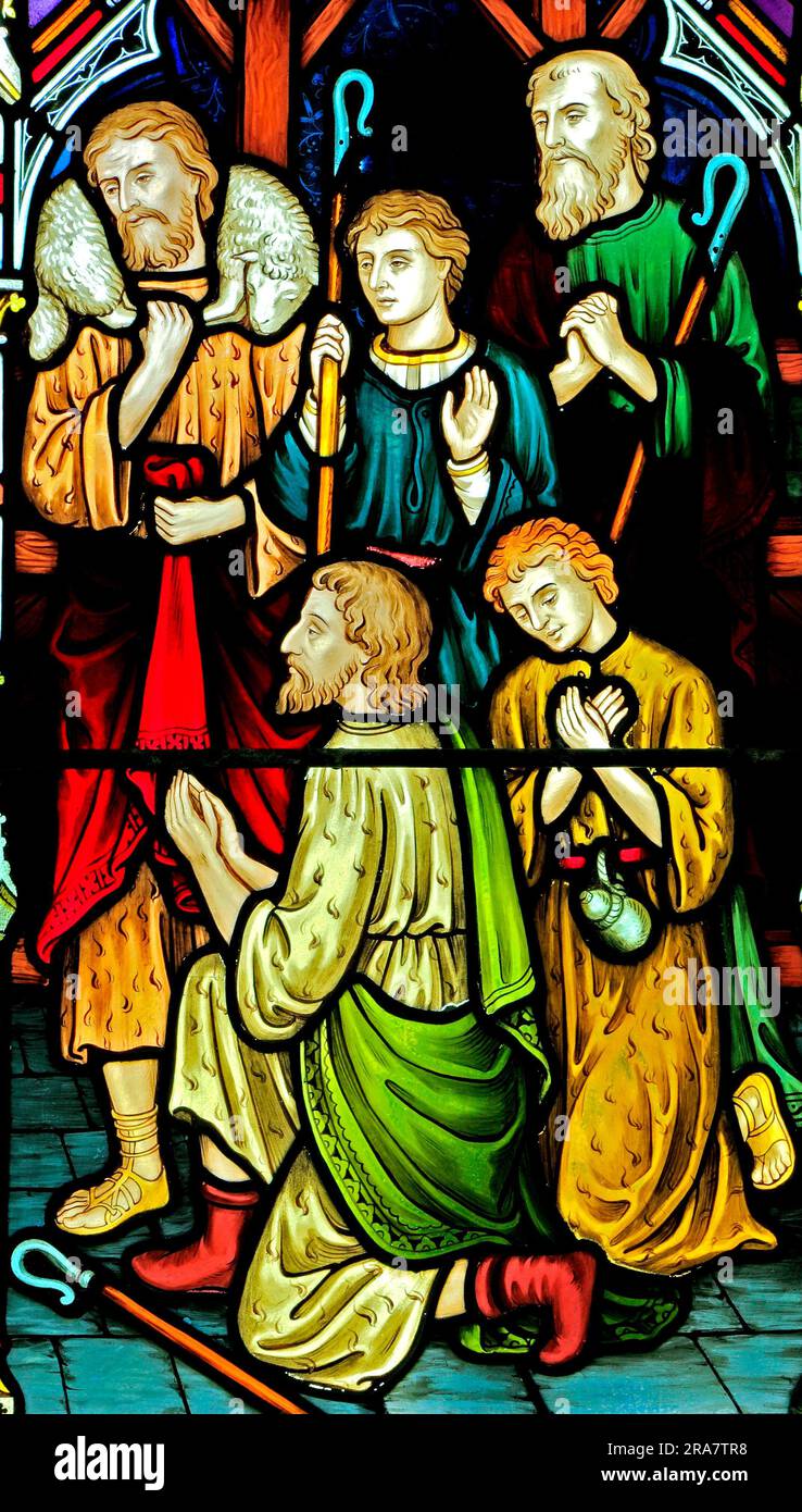 Burnham Deepdale, The Nativity, Christmas, Buntglasfenster, Shepherds, Von Frederick Preedy, 1876, Norfolk, England, Großbritannien Stockfoto