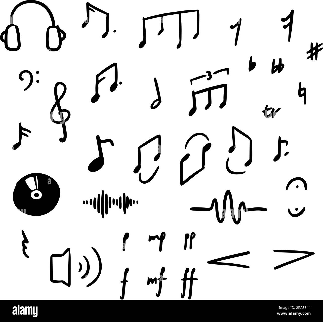 Satz handgezeichneter Musiknotizen und Symbole. Doodles und Skizzen. Vektor Stock Vektor