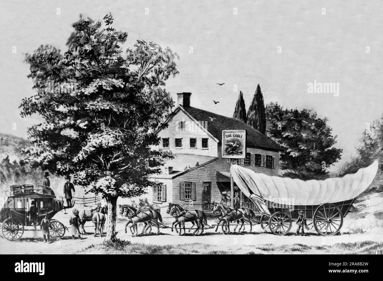 Vereinigte Staaten: ca. 1850 Ein Conestoga-Kombi mit sechs Pferden und eine Bühnenbushaltestelle vor einem typischen Gasthaus der frühen Zeit Amerikas. Stockfoto
