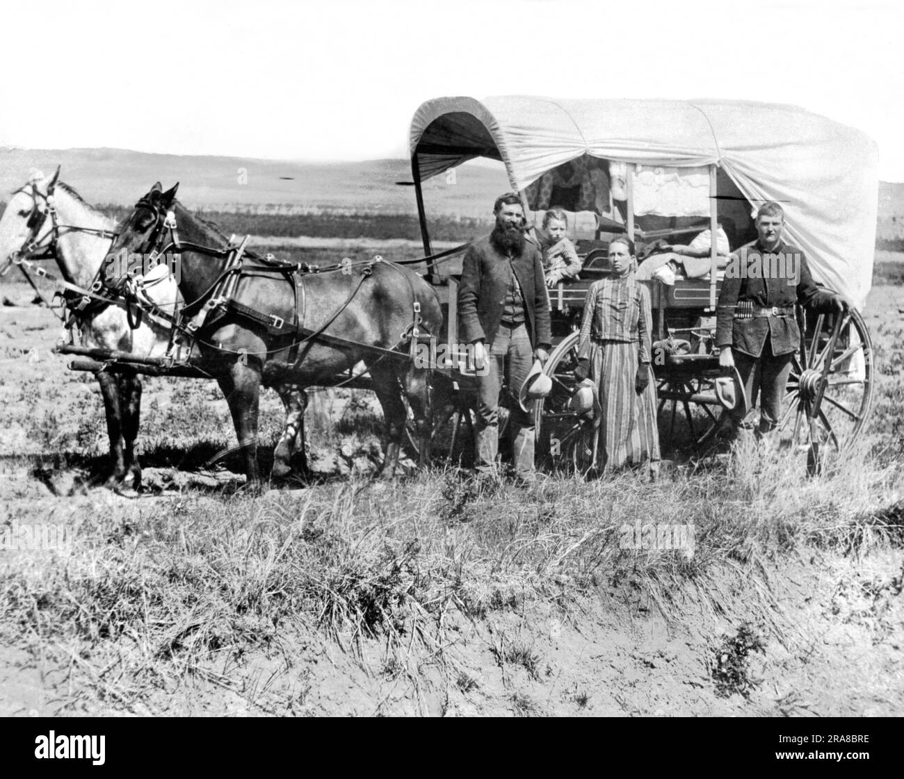 Loup Valley, Nebraska: 1886 Eine Pionierfamilie und ihr überdachter Wagen im Loup Valley. Stockfoto