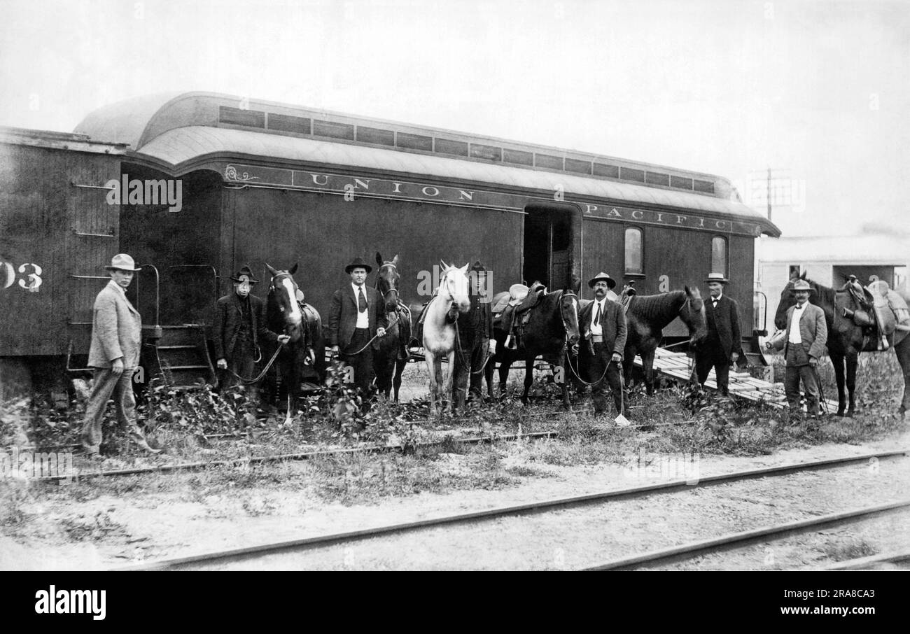 Vereinigte Staaten: c. 1898. Das Spezialauto der Union Pacific Railroad für die Mounted Ranger, organisiert von SPECIAL Agent Timothy Keliher, um die Wild Bunch Gang zu stoppen, angeführt von Butch Cassidy und Sundance Kid. Stockfoto