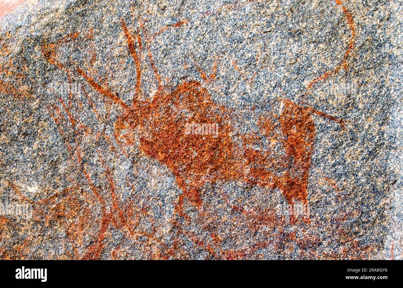 Bull prähistorische Felsmalereien in der Nähe des Shri Vijayavitthala Tempels in Hampi, Karnataka Karnataka, Südindien, Indien, Asien. UNESCO-Weltkulturerbe Stockfoto