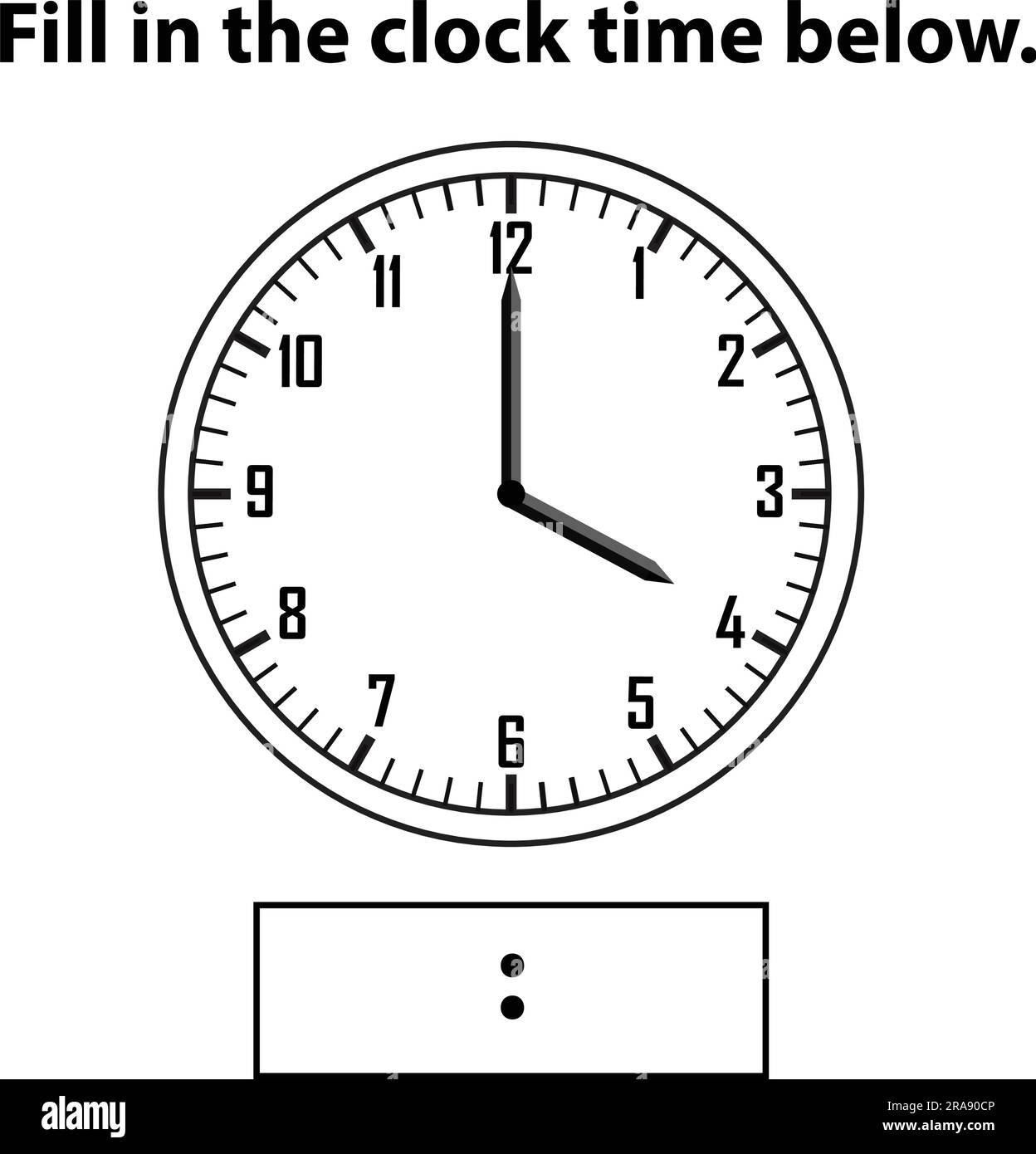 Analoge Uhr. Wie spät ist es? Schreibe die Lernuhr und das mathematische Arbeitsblatt auf. Arbeitsblätter „Zeiterfassung für Kinder“. Analoge Uhr lernen. Stock Vektor