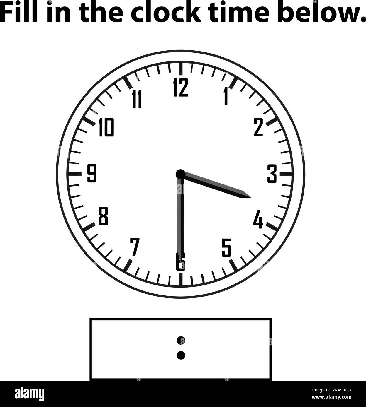 Analoge Uhr. Wie spät ist es? Schreibe die Lernuhr und das mathematische Arbeitsblatt auf. Arbeitsblätter „Zeiterfassung für Kinder“. Analoge Uhr lernen. Stock Vektor