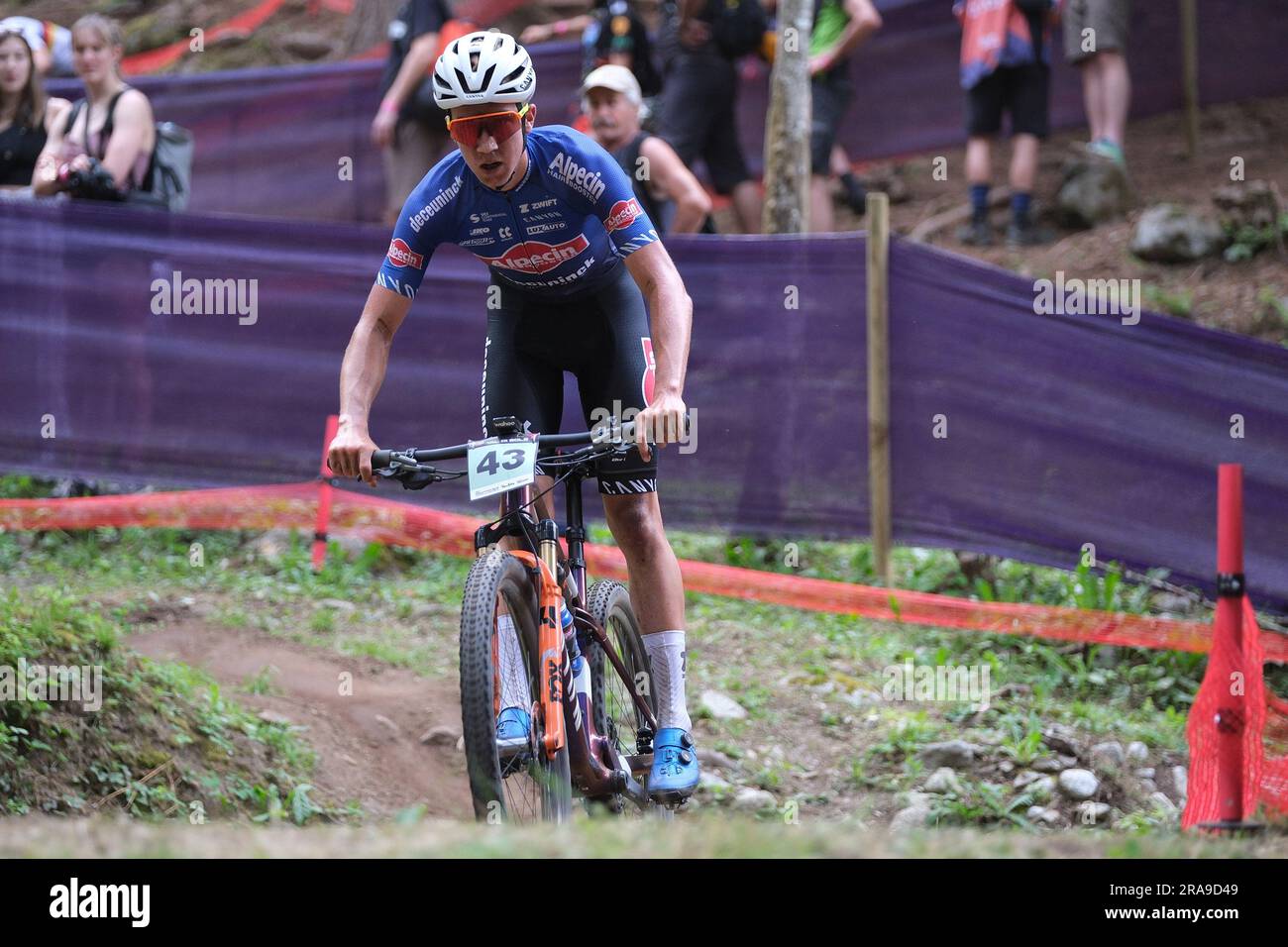 Jente Michels (BEL) in Aktion während des XCO U23 Men Rennens auf der UCI MTB World Series 2023, Val di Sole Stage am 02. Juli 2023 in Val di Sole, Trient, Italien. Kredit: Live Media Publishing Group/Alamy Live News Stockfoto