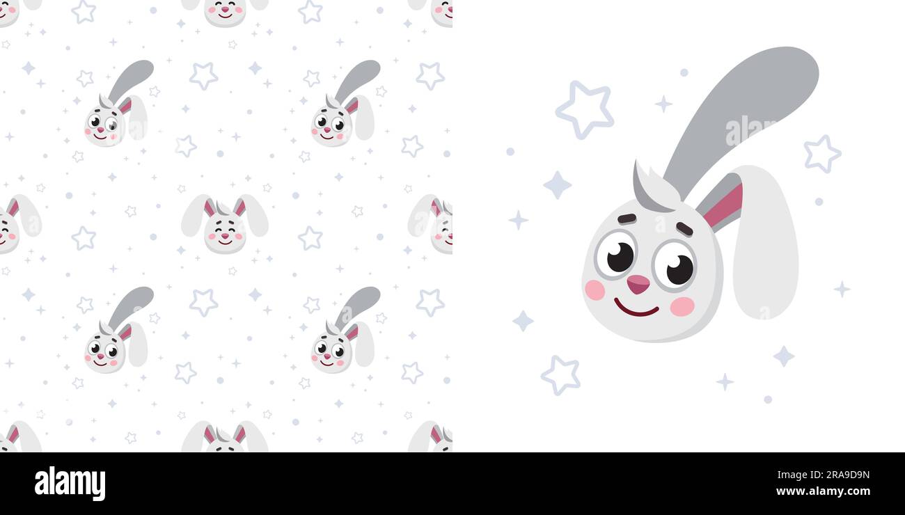 Handgezeichnetes Kaninchen im Doodle-Stil zum Entwerfen von Babykleidung. Postkarte mit Hase und nahtlosem Muster. Cartoon Böhmischer Kinderabdruck. Kinder-Design-Struktur für Pyjamas. Vektordarstellung. Stock Vektor