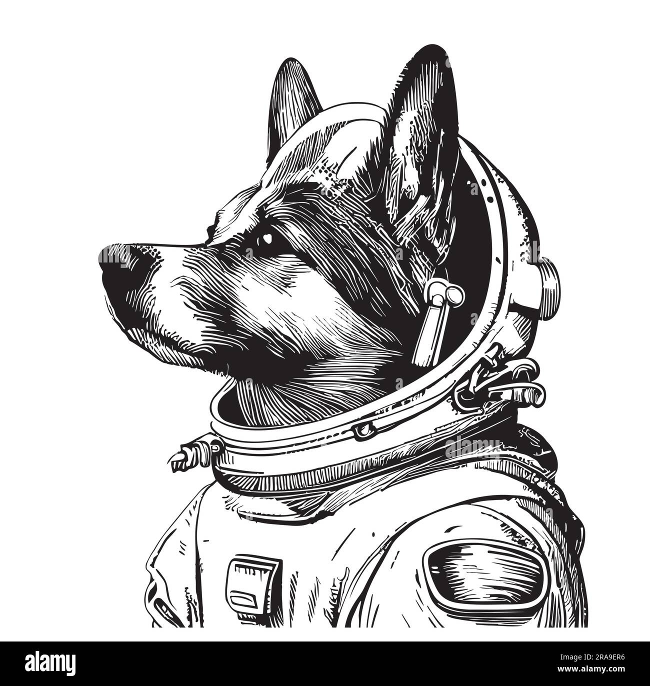 Astronautenhund schaut in den Weltraum, handgezeichnete Zeichnung Stock Vektor