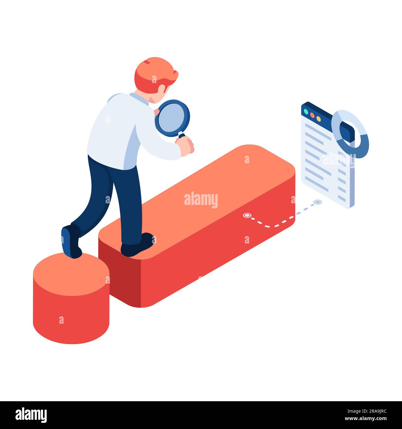 Flacher 3D Isometrischer Geschäftsmann verwendet Ausrufezeichen „Lupe analysieren“. Problemanalysekonzept. Stock Vektor