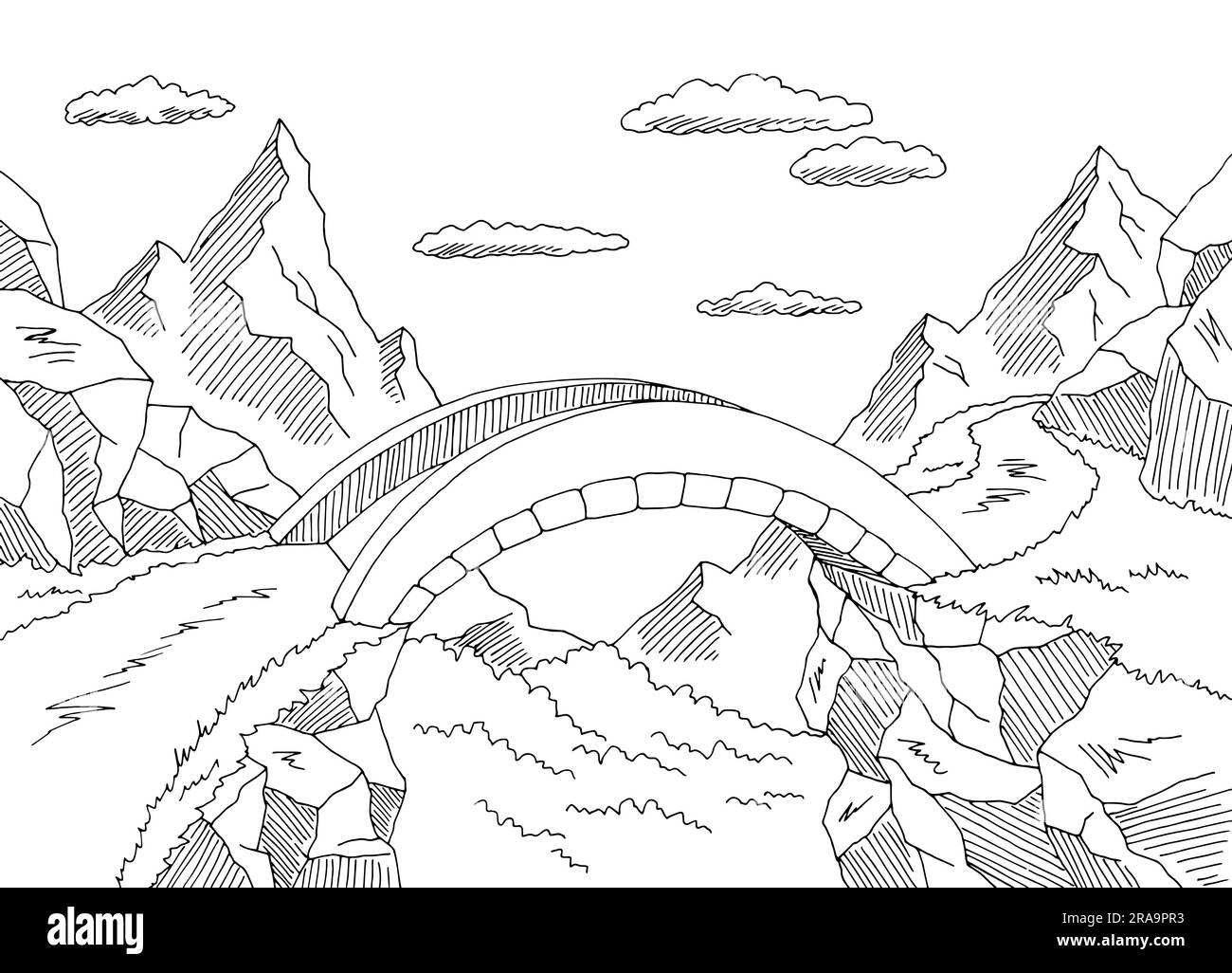 Brücke in Berggrafik Schwarzweiß Landschaft Skizzenvektor Stock Vektor
