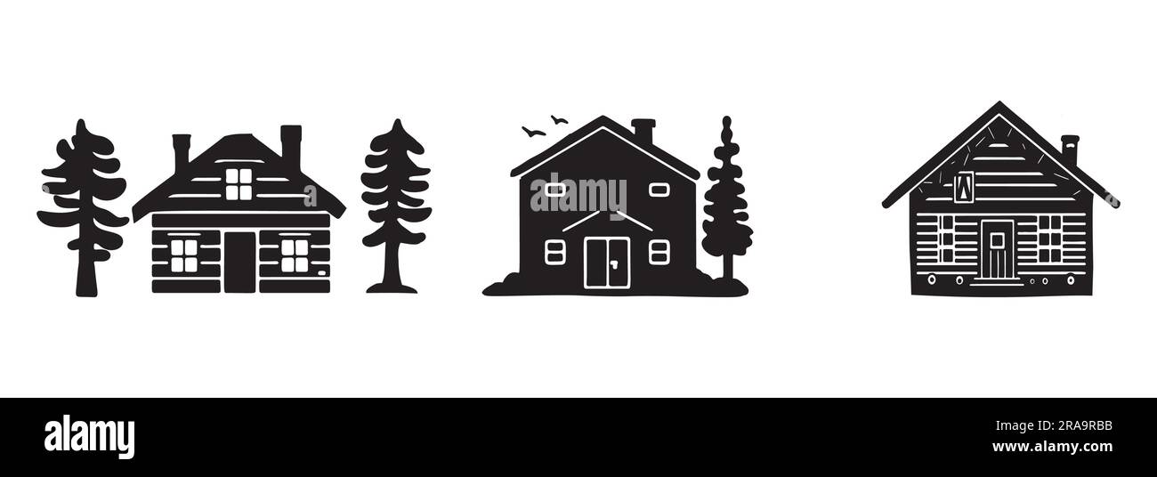 Eine Reihe von Vektordarstellungen für Holzhütten und Tannenbäume. Maskuline Outdoor-Reise im nordischen Linocut-Chalet in skandinavischer Urlaubsgruppe Stock Vektor