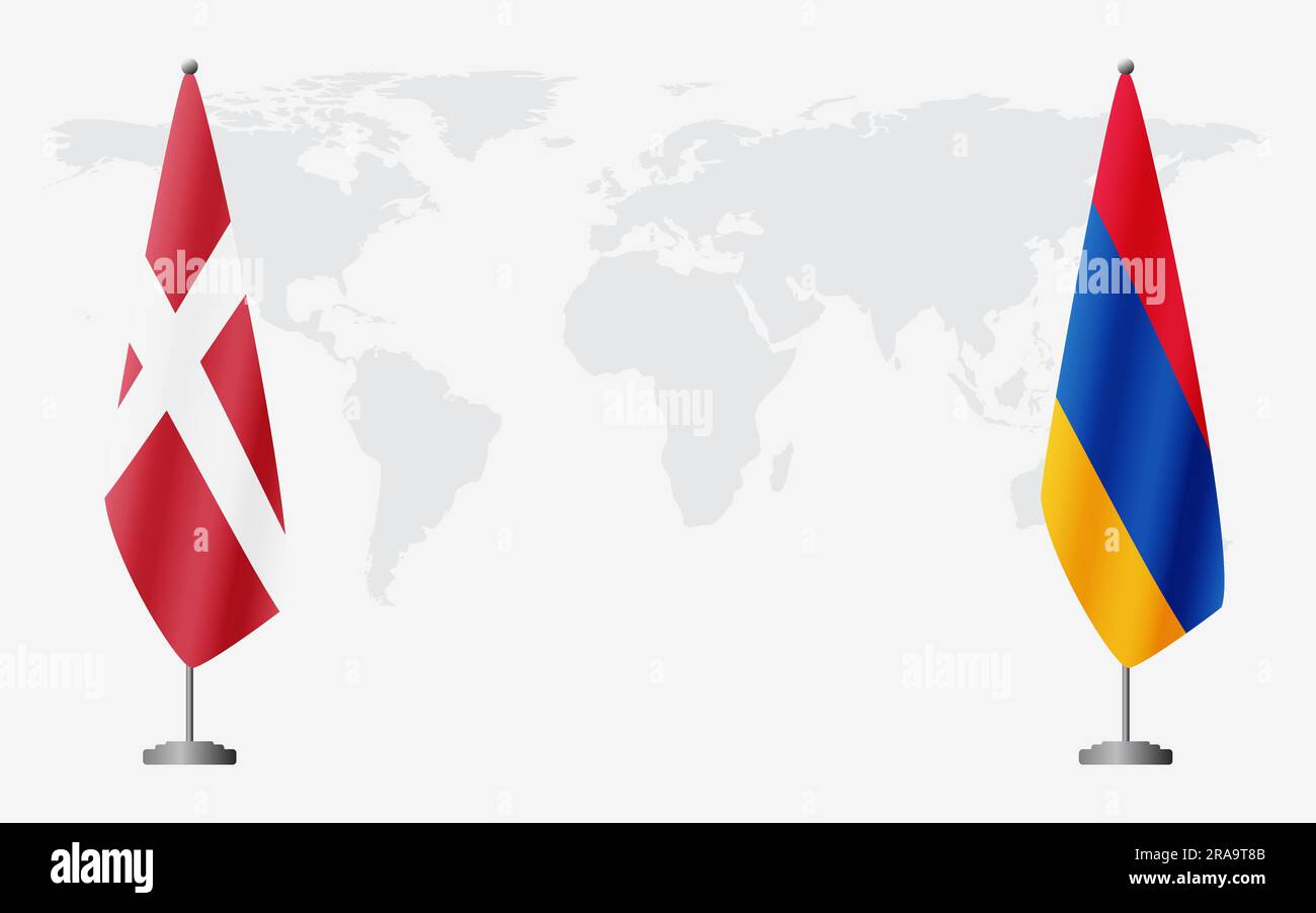 Dänemark und Armenien führen vor dem Hintergrund der Weltkarte offizielle Sitzungen durch. Stock Vektor