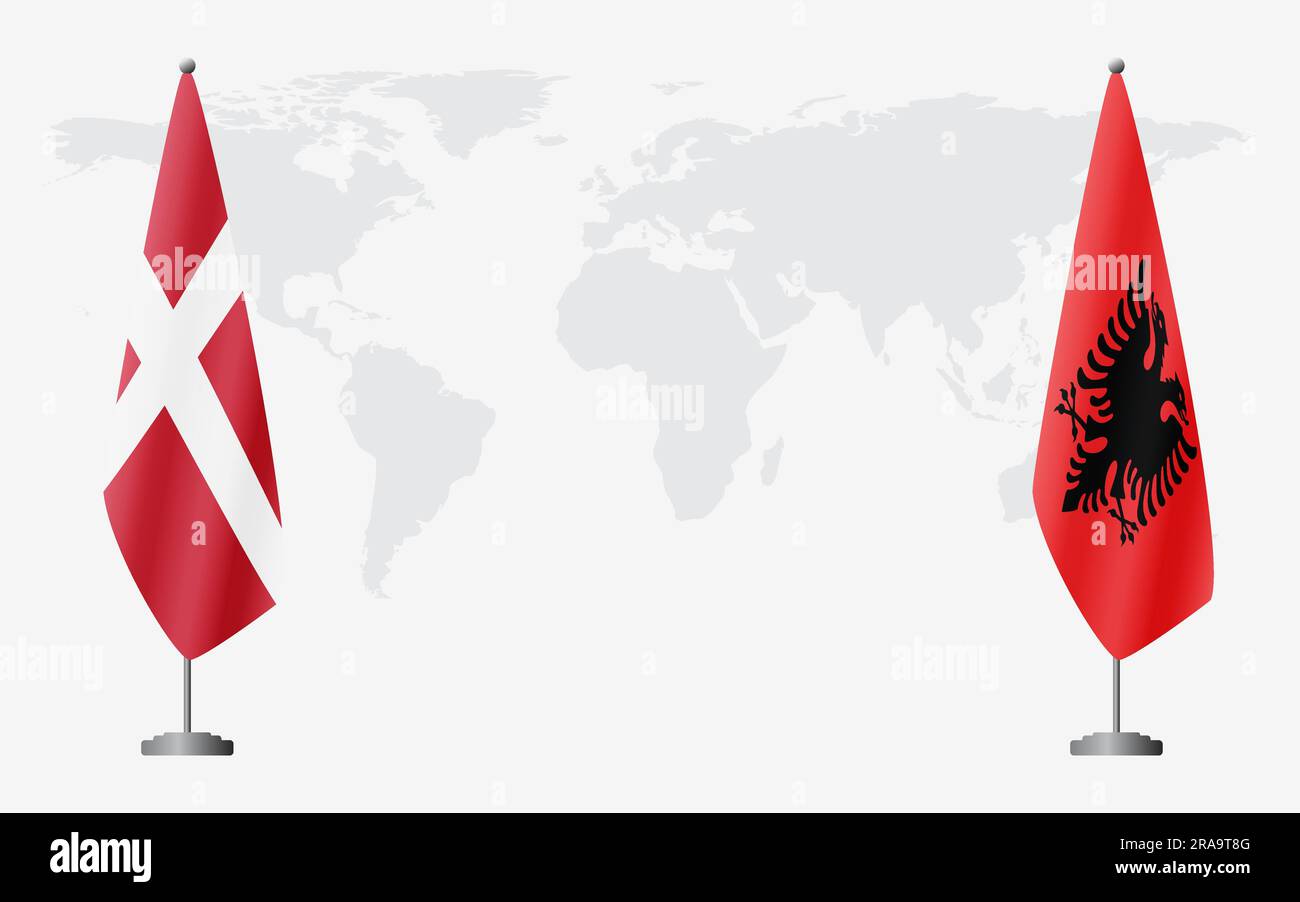 Dänemark und Albanien führen vor dem Hintergrund der Weltkarte offizielle Sitzungen durch. Stock Vektor