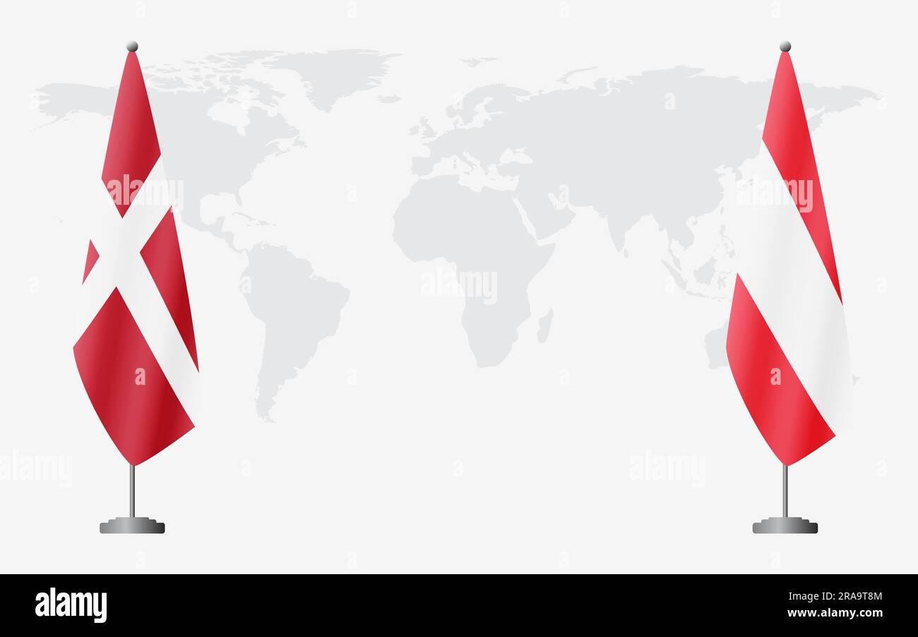 Dänemark und Österreich führen vor dem Hintergrund der Weltkarte die Flagge für eine offizielle Tagung. Stock Vektor