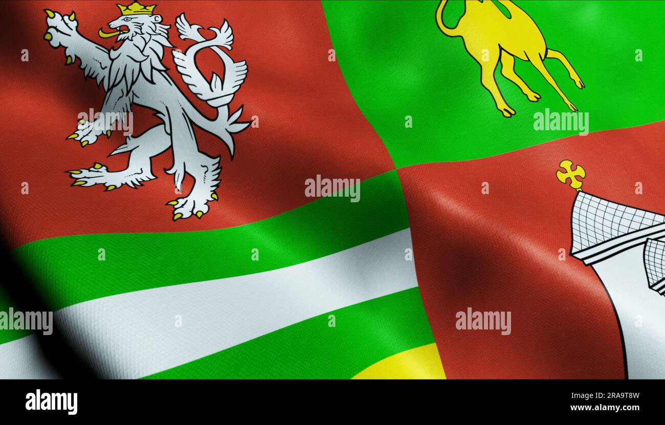 3D Abbildung einer winkenden tschechischen Regionalflagge von Plzen Stockfoto