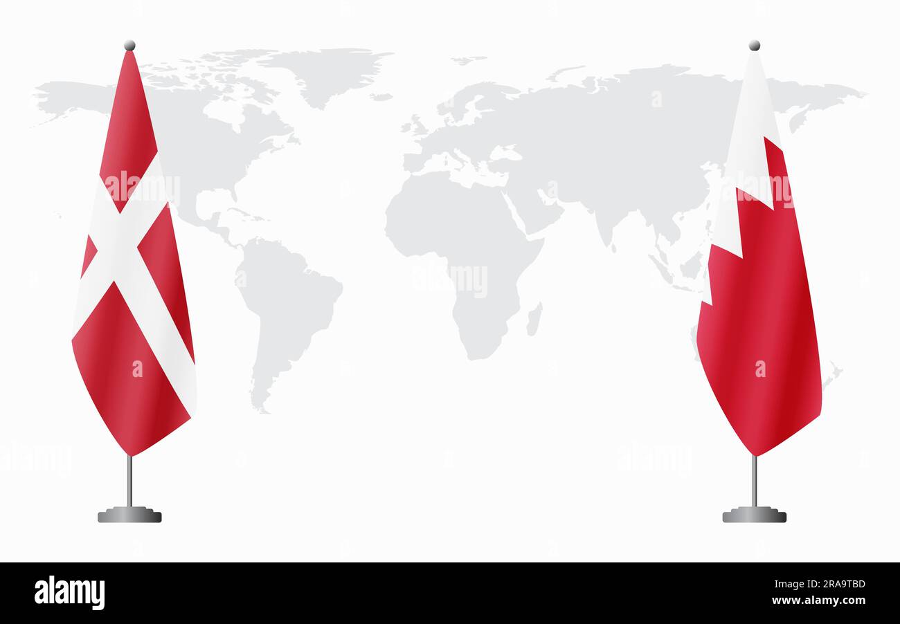 Die Flaggen Dänemarks und Bahrains für eine offizielle Tagung vor dem Hintergrund der Weltkarte. Stock Vektor