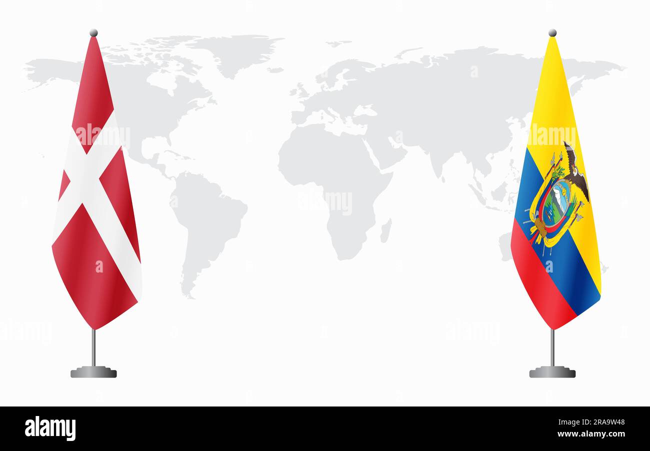 Dänemark und Ecuador führen vor dem Hintergrund der Weltkarte die Flagge für eine offizielle Tagung. Stock Vektor