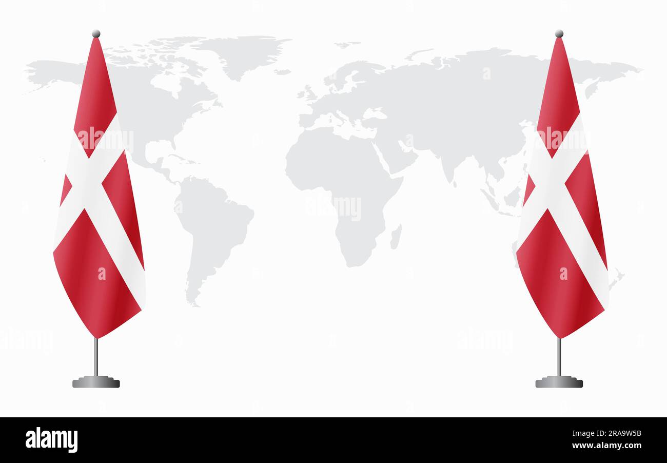 Dänemark und Dänemark führen vor dem Hintergrund der Weltkarte die Flagge für eine offizielle Tagung. Stock Vektor