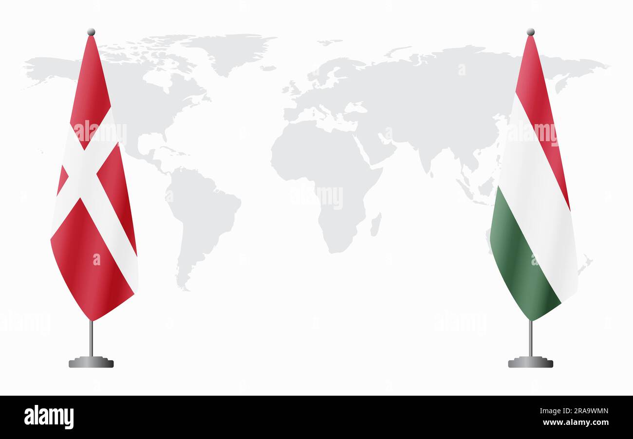 Dänemark und Ungarn führen vor dem Hintergrund der Weltkarte eine offizielle Tagung durch. Stock Vektor