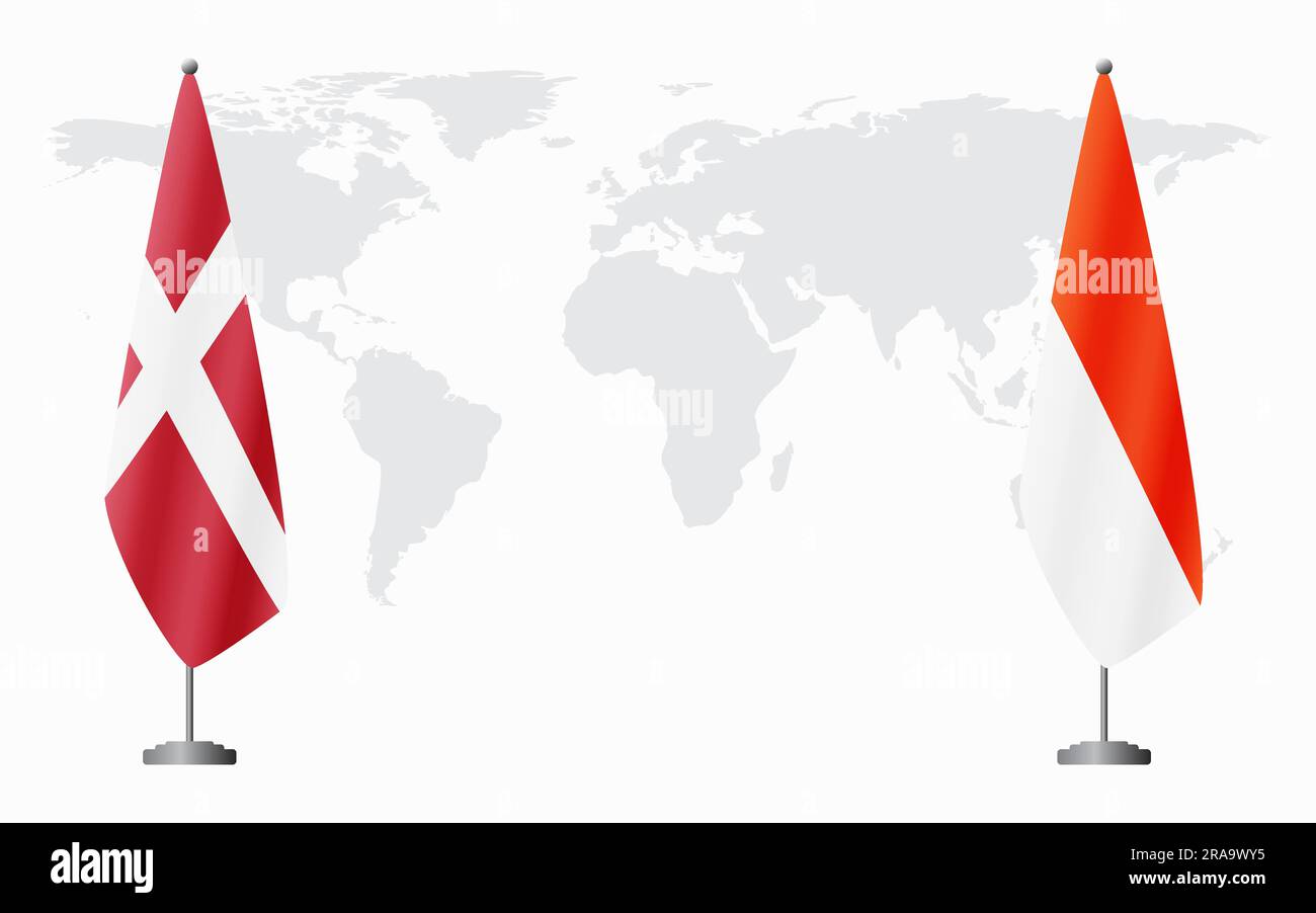 Dänemark und Indonesien führen vor dem Hintergrund der Weltkarte die Flagge für eine offizielle Tagung. Stock Vektor