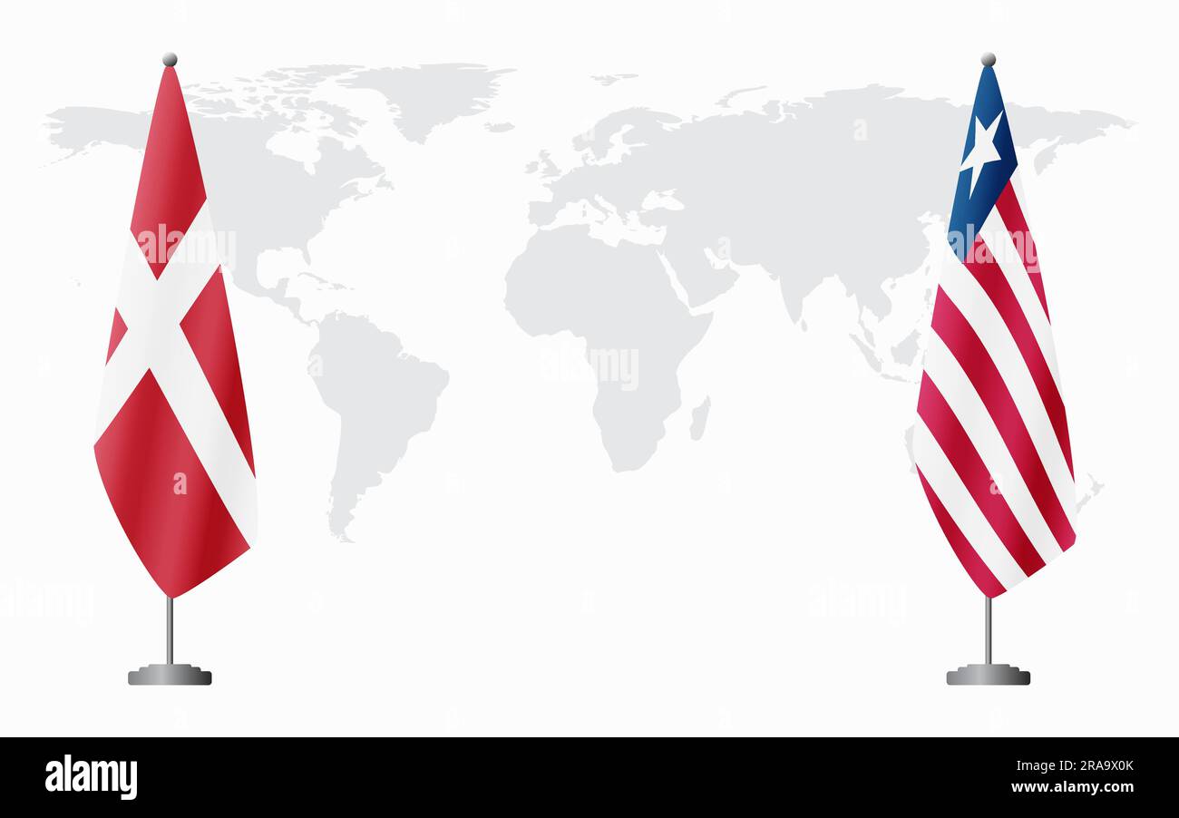 Dänemark und Liberia führen vor dem Hintergrund der Weltkarte die Flagge für eine offizielle Tagung. Stock Vektor