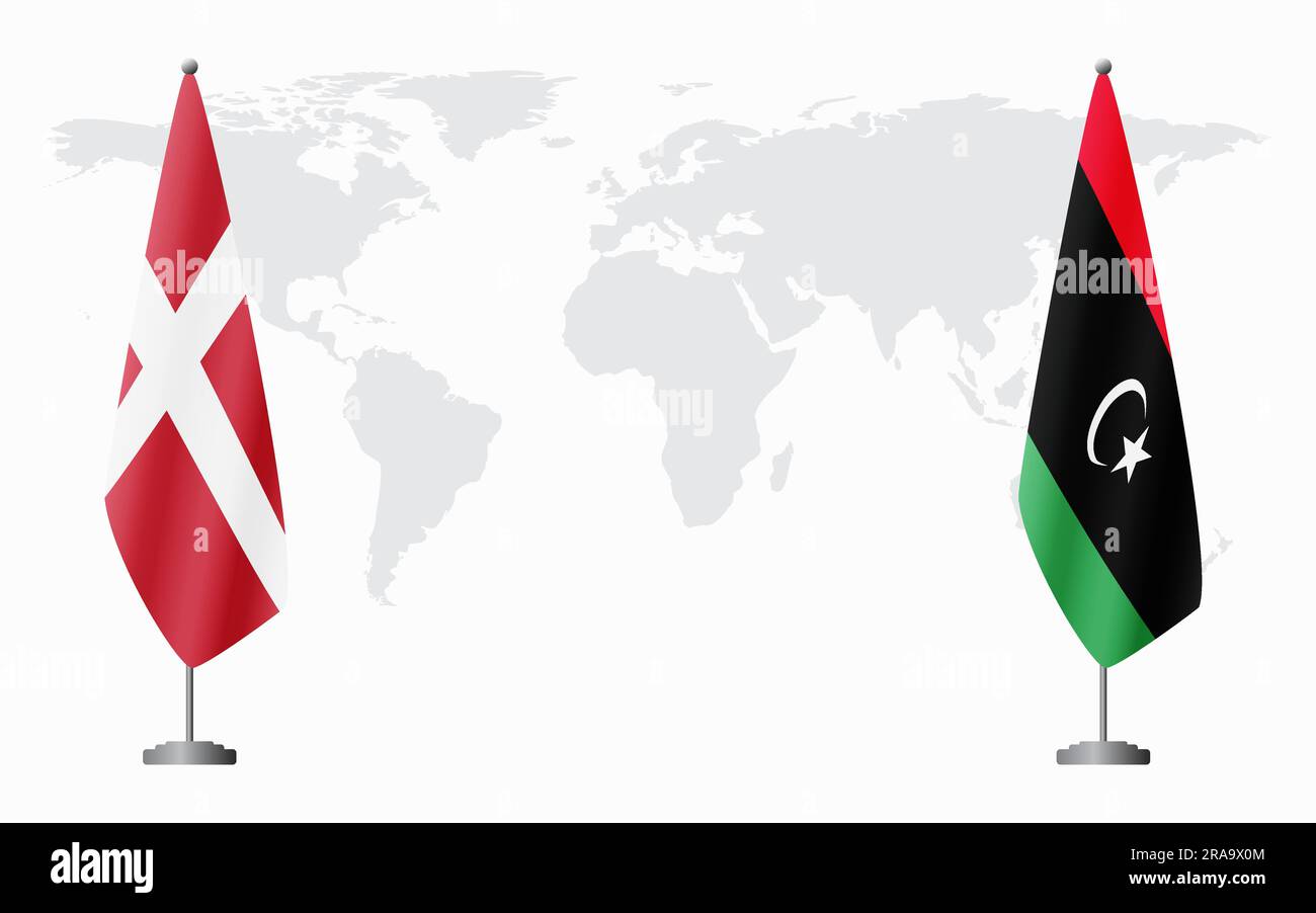 Die Flaggen Dänemarks und Libyens für ein offizielles Treffen vor dem Hintergrund der Weltkarte. Stock Vektor