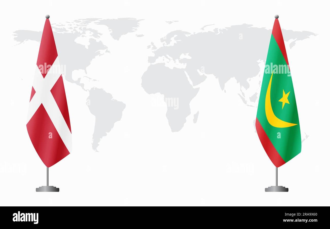 Dänemark und Mauretanien sind vor dem Hintergrund der Weltkarte für eine offizielle Tagung Flaggen. Stock Vektor