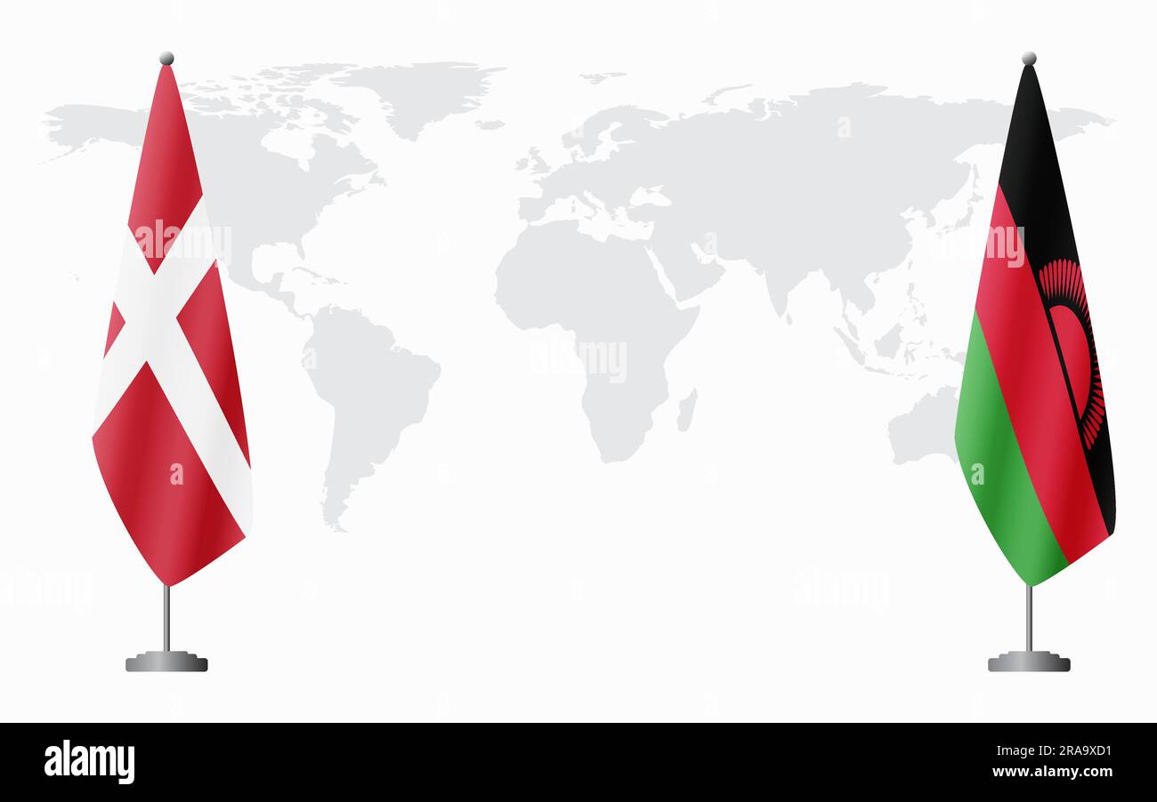 Dänemark und Malawi führen vor dem Hintergrund der Weltkarte offizielle Sitzungen durch. Stock Vektor