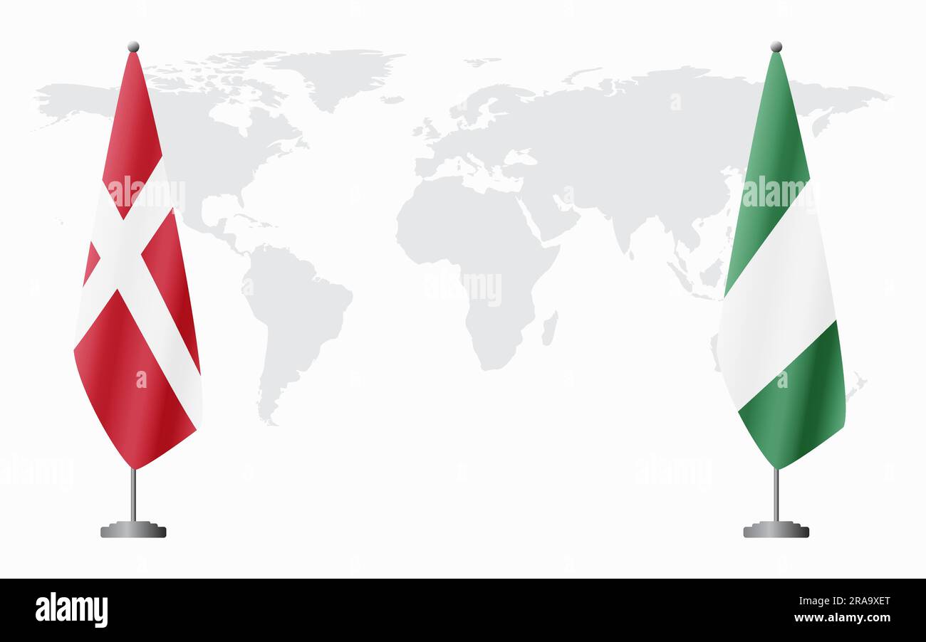 Dänemark und Nigeria führen vor dem Hintergrund der Weltkarte die Flagge für eine offizielle Tagung. Stock Vektor