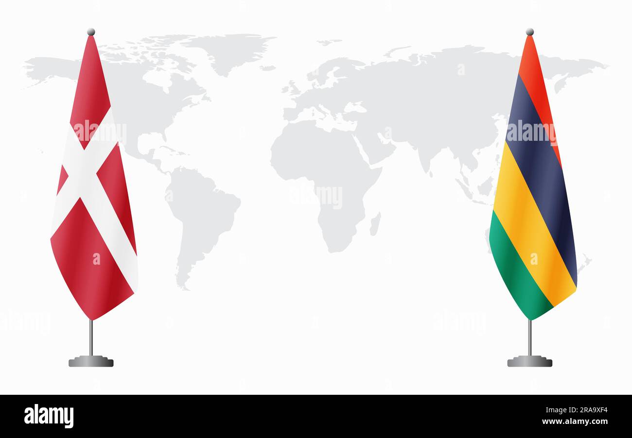 Dänemark und Mauritius führen vor dem Hintergrund der Weltkarte offizielle Sitzungen durch. Stock Vektor