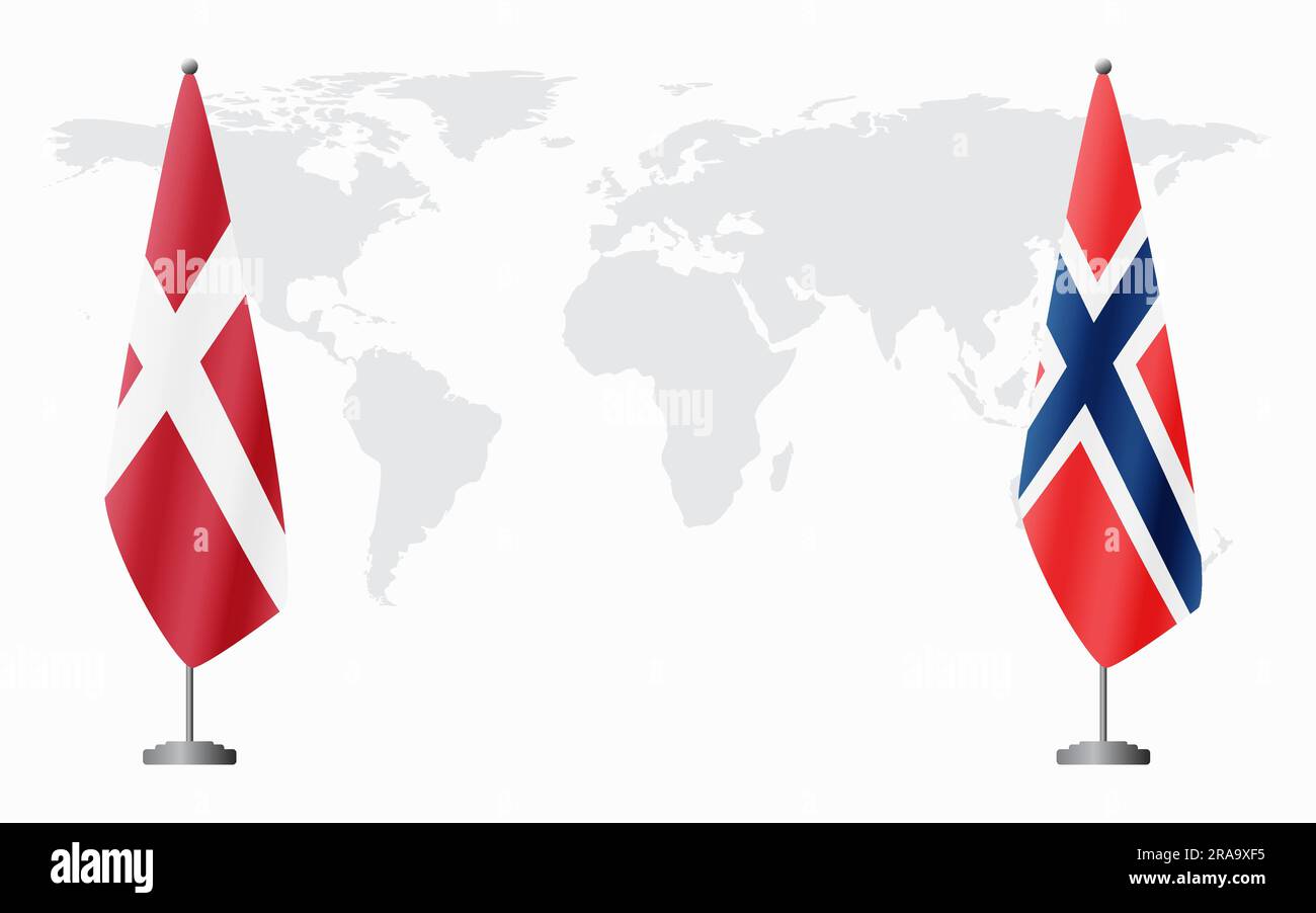 Dänemark und Norwegen Flaggen für offizielle Tagungen vor dem Hintergrund der Weltkarte. Stock Vektor