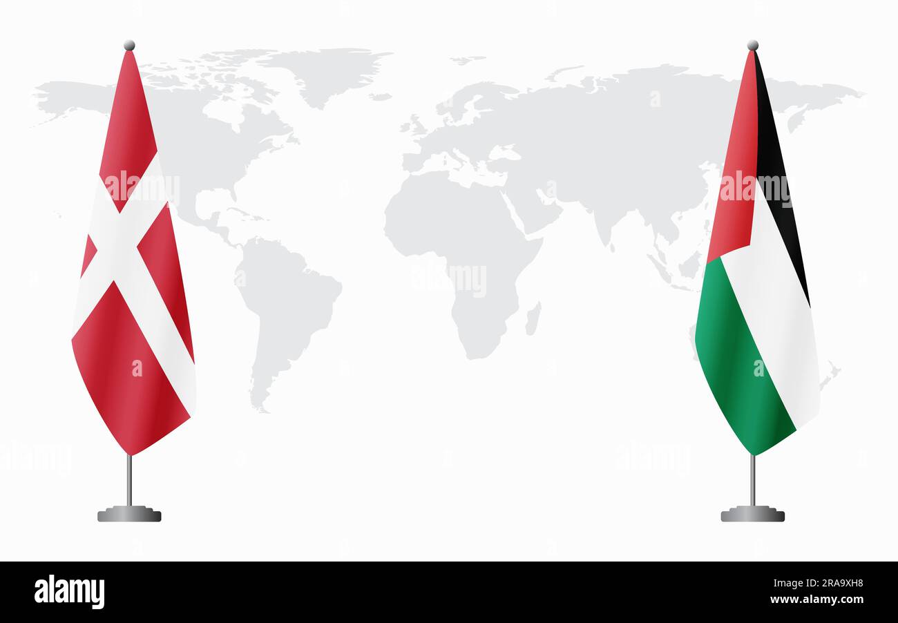 Dänemark und Palästina Flaggen für offizielles Treffen vor dem Hintergrund der Weltkarte. Stock Vektor