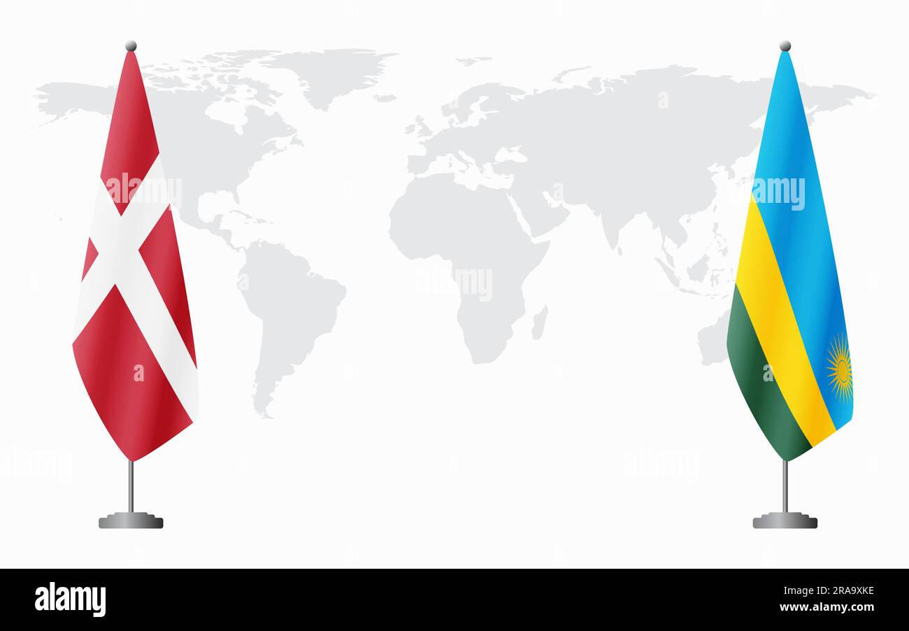 Dänemark und Ruanda führen vor dem Hintergrund der Weltkarte die offizielle Tagung durch. Stock Vektor