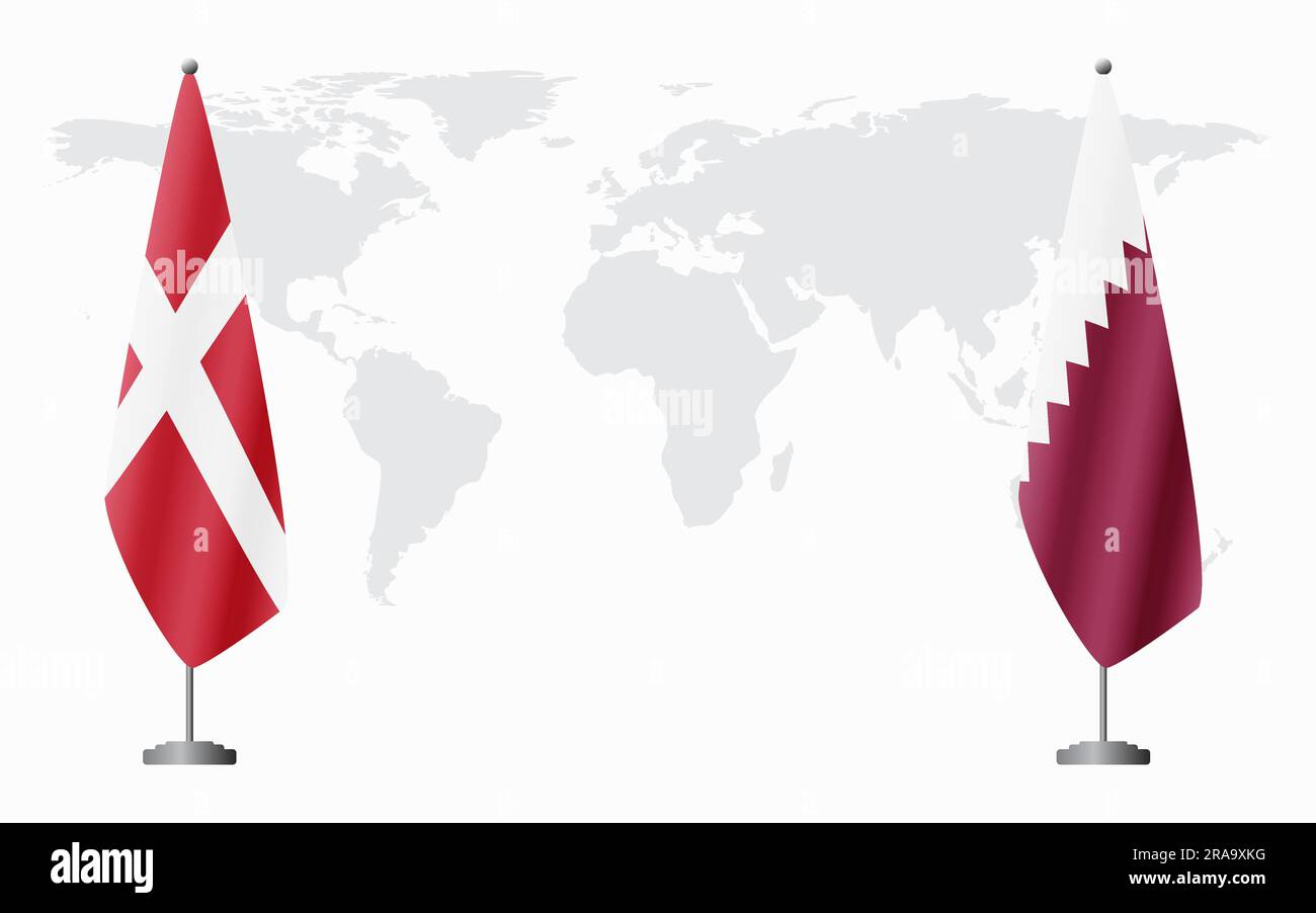 Die Flaggen Dänemarks und Katars für eine offizielle Tagung vor dem Hintergrund der Weltkarte. Stock Vektor