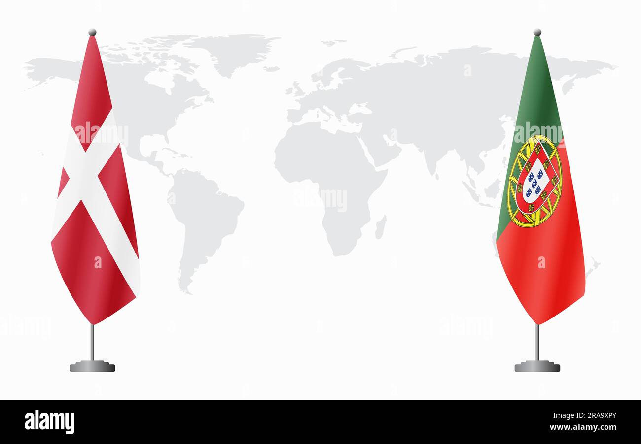 Dänemark und Portugal führen vor dem Hintergrund der Weltkarte eine offizielle Tagung durch. Stock Vektor
