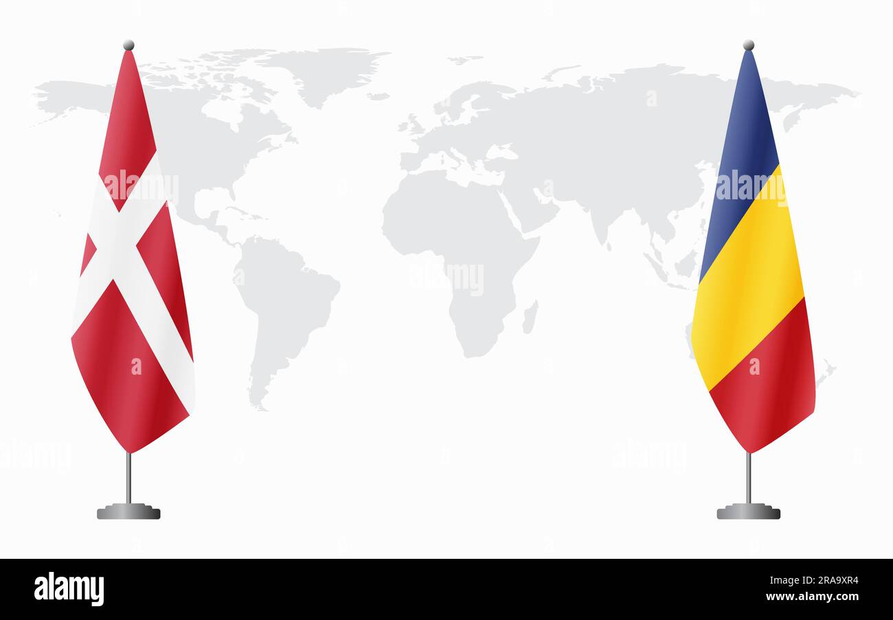 Dänemark und Rumänien Flaggen vor dem Hintergrund der Weltkarte für eine offizielle Tagung. Stock Vektor