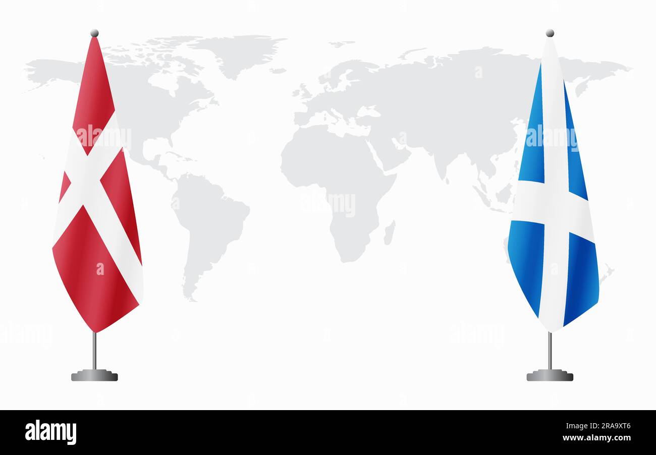 Die Flaggen Dänemarks und Schottlands für eine offizielle Tagung vor dem Hintergrund der Weltkarte. Stock Vektor