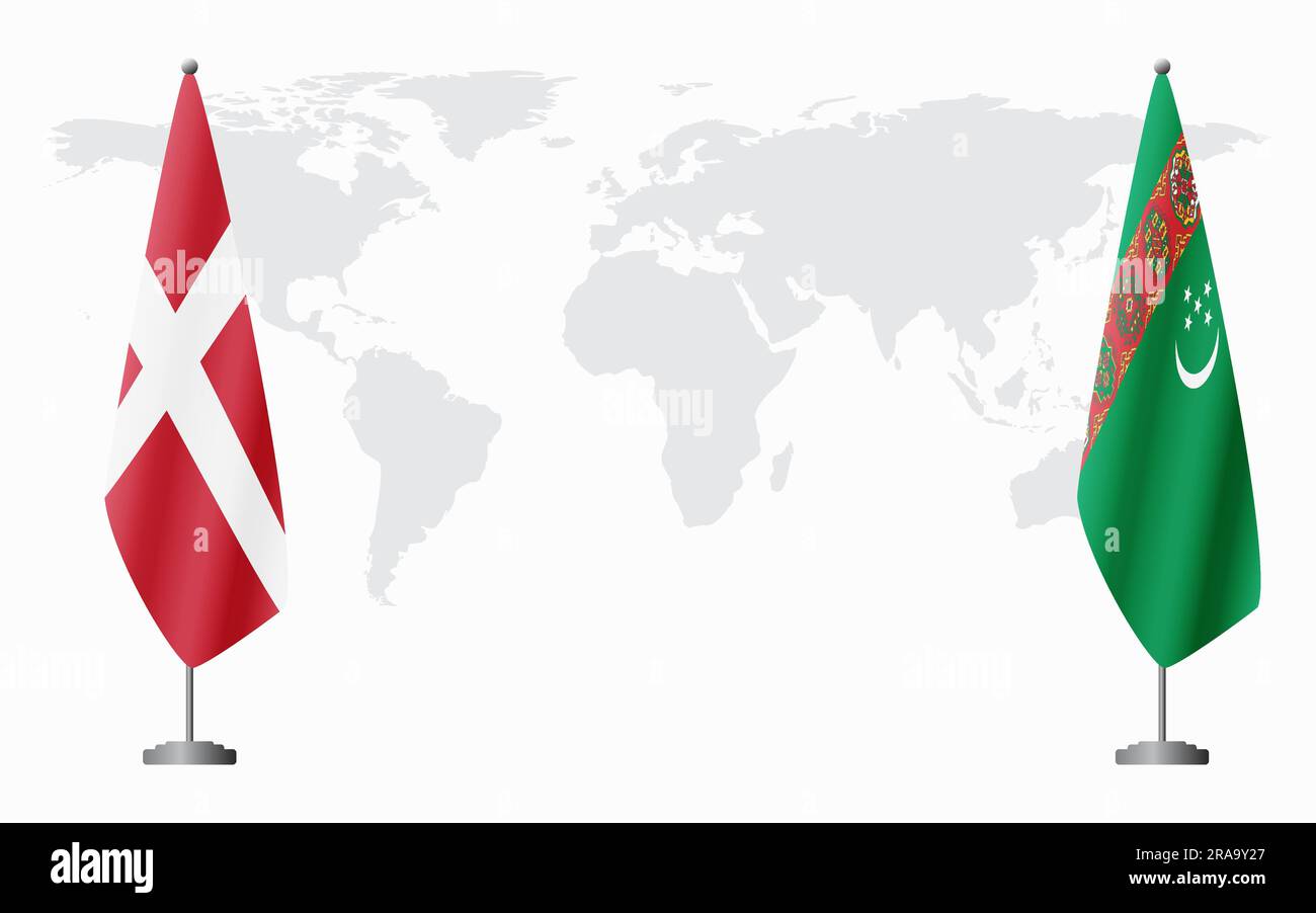 Dänemark und Turkmenistan führen vor dem Hintergrund der Weltkarte die Flagge für eine offizielle Tagung. Stock Vektor