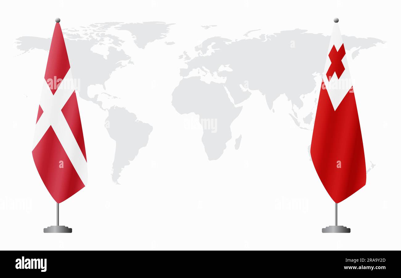 Dänemark und Tonga Flaggen für offizielle Tagung vor dem Hintergrund der Weltkarte. Stock Vektor